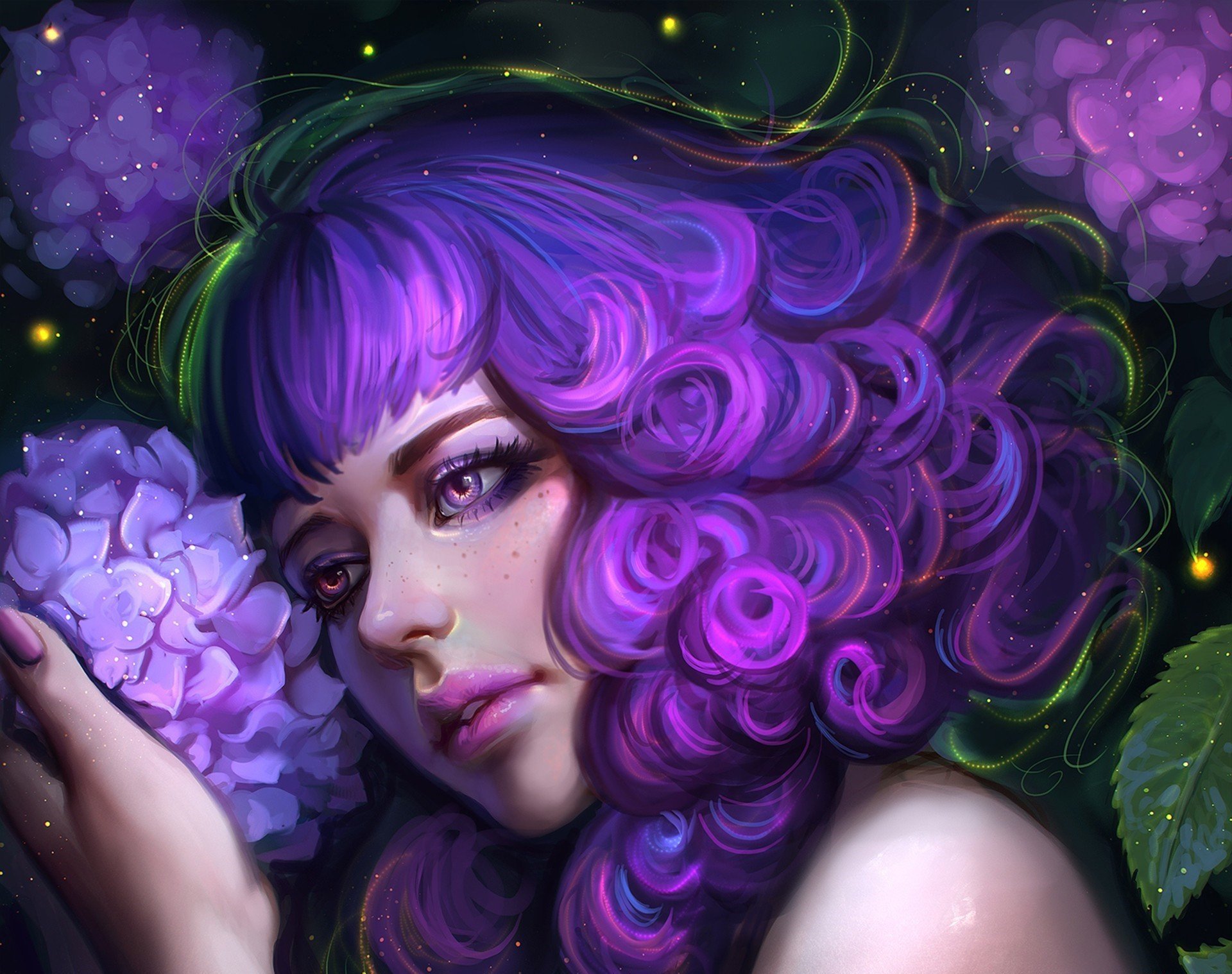 women purple hair curly hair purple eyes fantasy art artwork purple flowers wallpaper