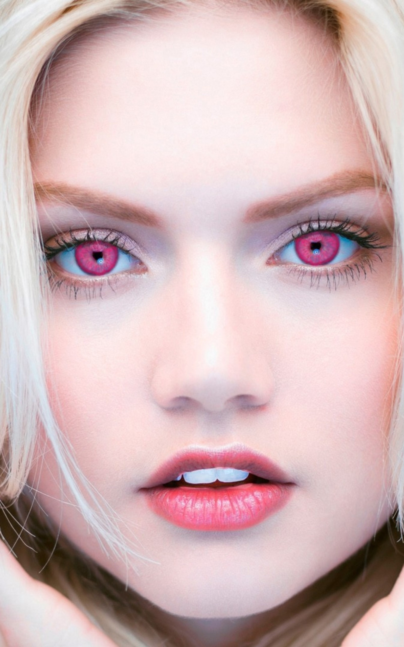 Download 1600x2560 Blonde, Women, Pink Eyes, Close Up, Face, Open Mouth Wallpaper For Google Nexus 10