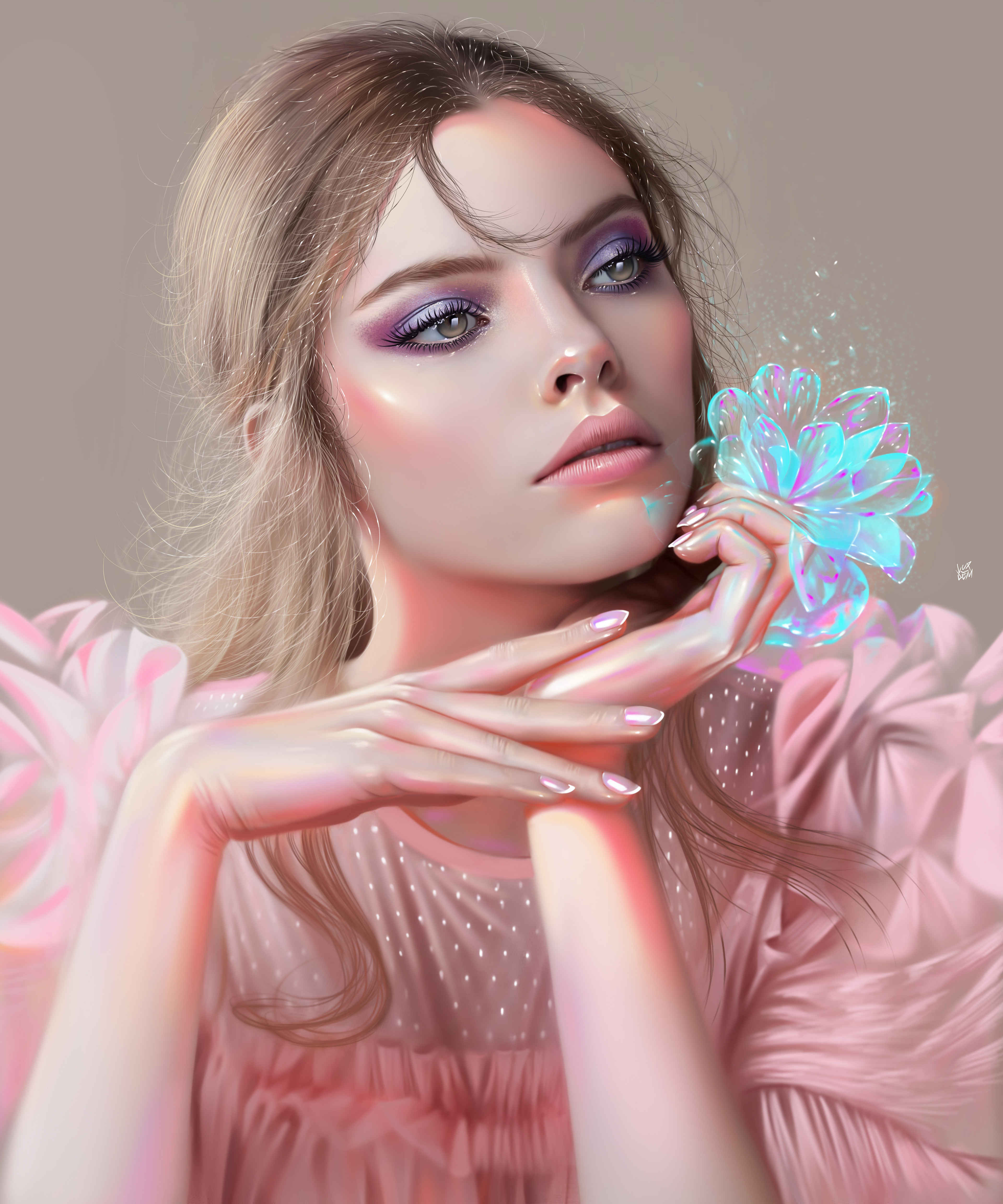 Women Young Woman Looking Away Digital Art Digital Painting Pink Dress Pink Clothing Looking At The Wallpaper:3840x4608