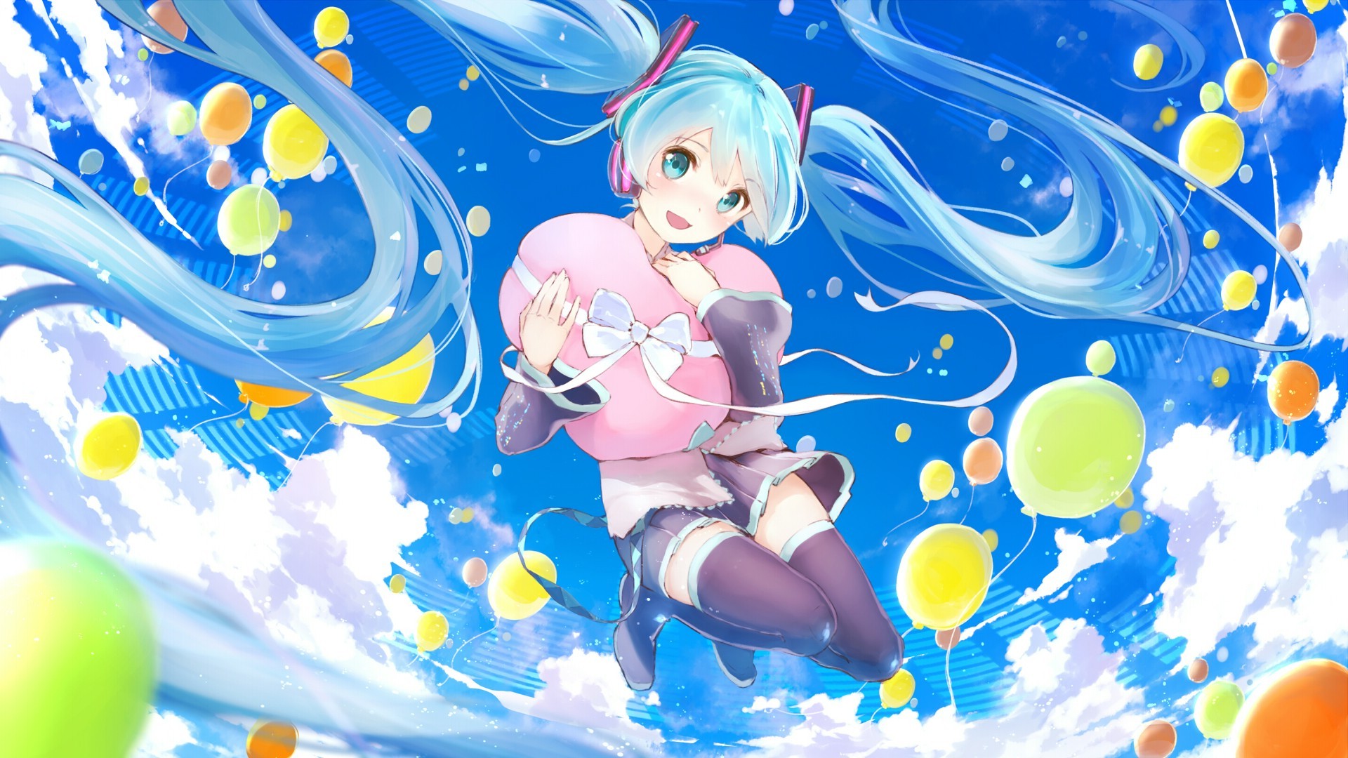 Wallpaper, 1920x1080 px, anime girls, aqua eyes, aqua hair, Hatsune Miku, twintails, Vocaloid 1920x1080