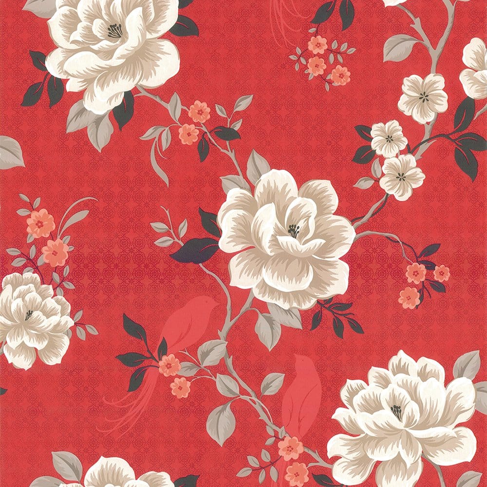 Designer Selection Oriental Floral Birds Wallpaper Red Cream Black from I Love Wallpaper UK