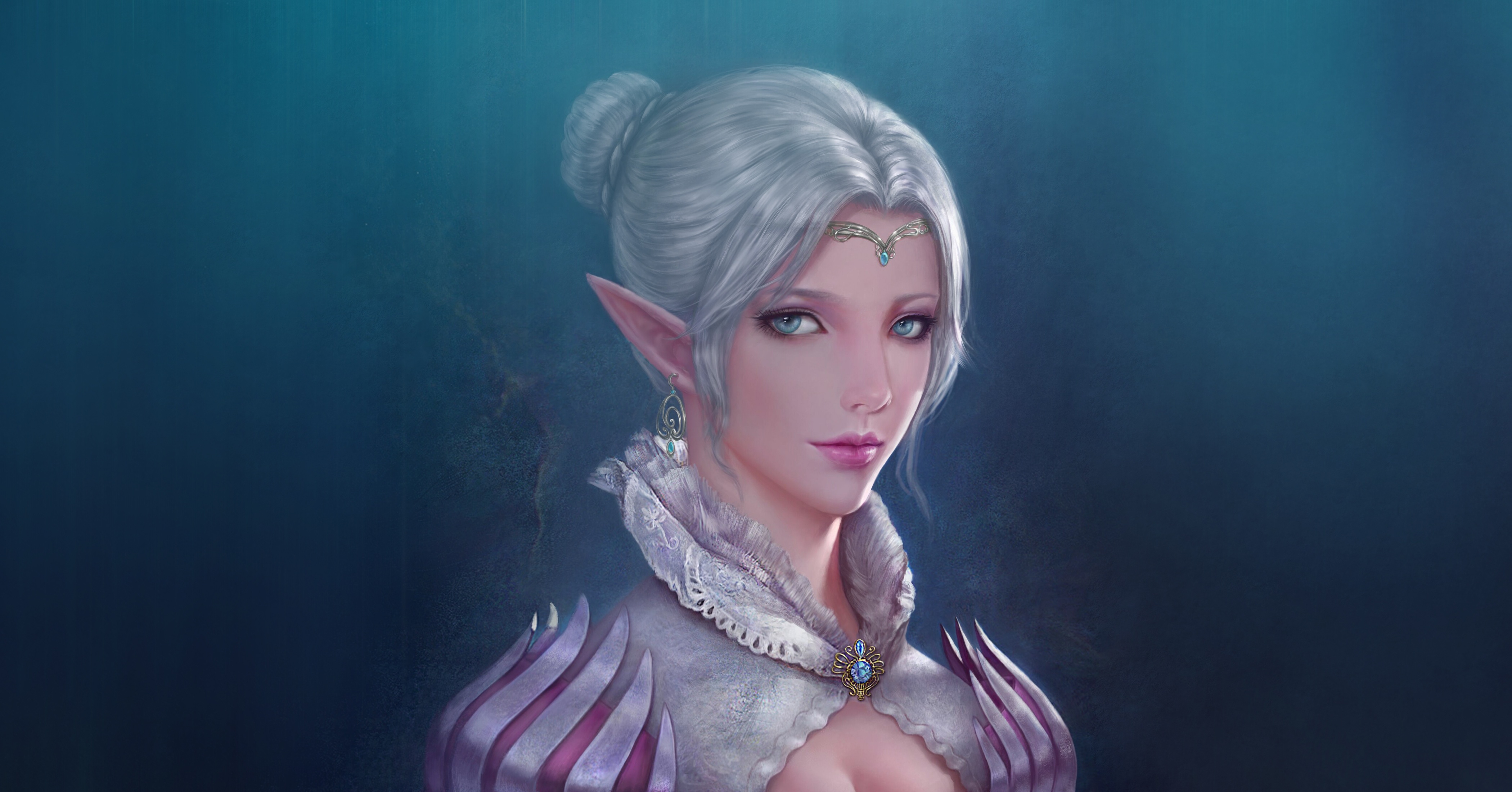 Aqua Eyes Elf Girl White Hair Woman Wallpaper:4200x2200