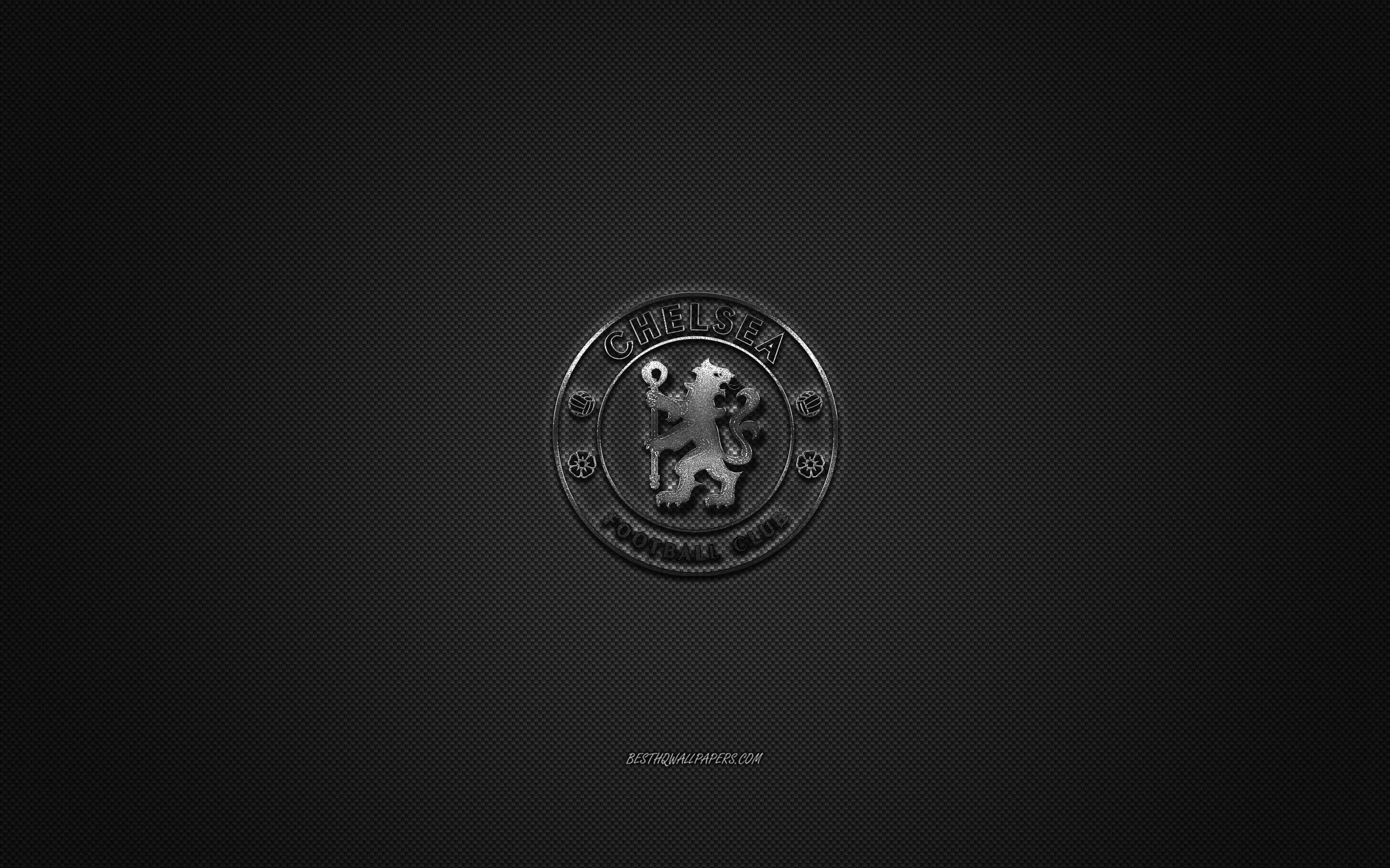 Download wallpaper Chelsea FC, English football club, Premier League, silver logo, gray carbon fiber background, football, London, England, Chelsea FC logo for desktop with resolution 2560x1600. High Quality HD picture wallpaper