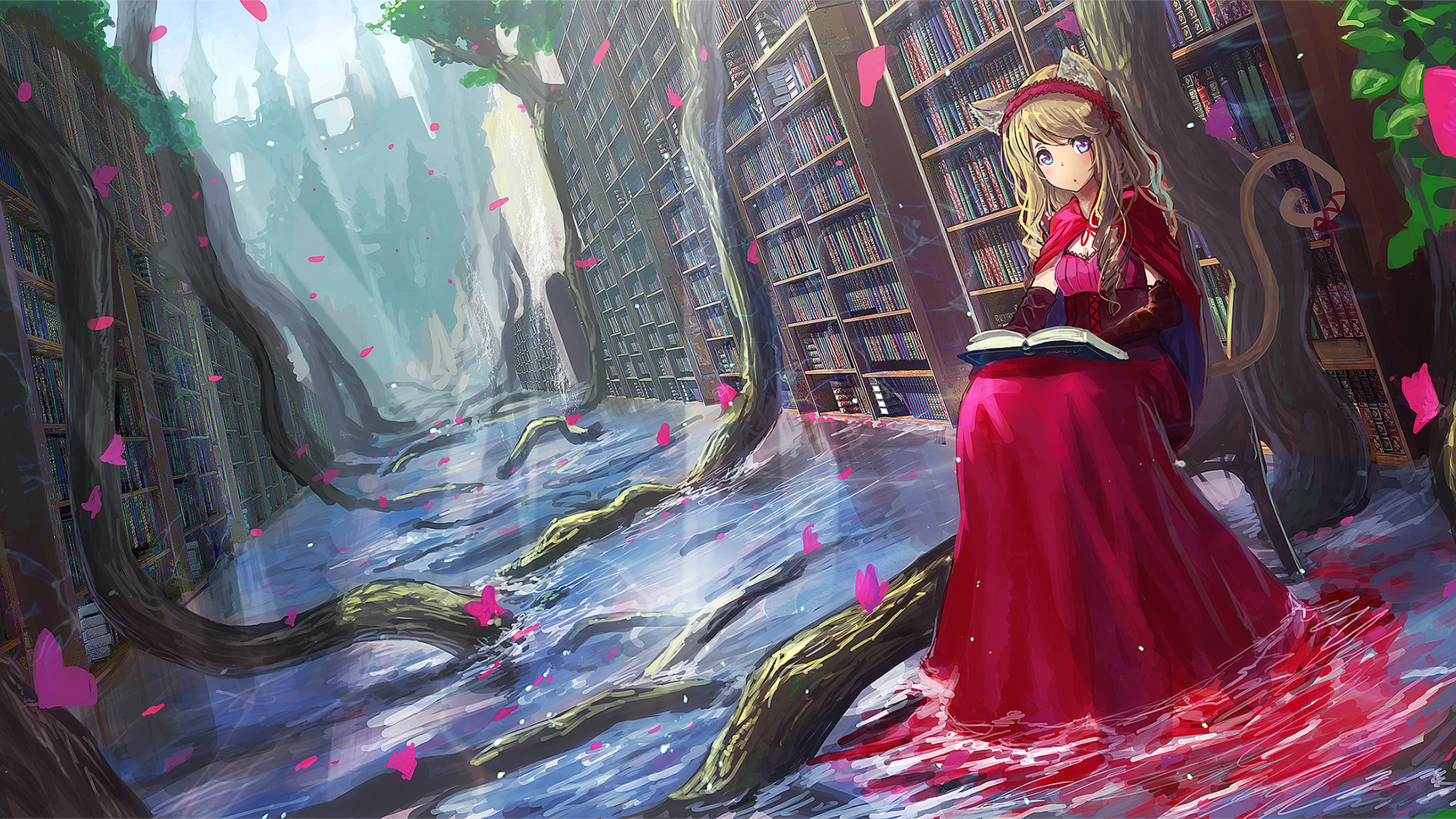 Download 3840x2160 Anime Girl, Animal Ears, Red Dress, Reading Book, Library, Landscape Wallpaper for UHD TV