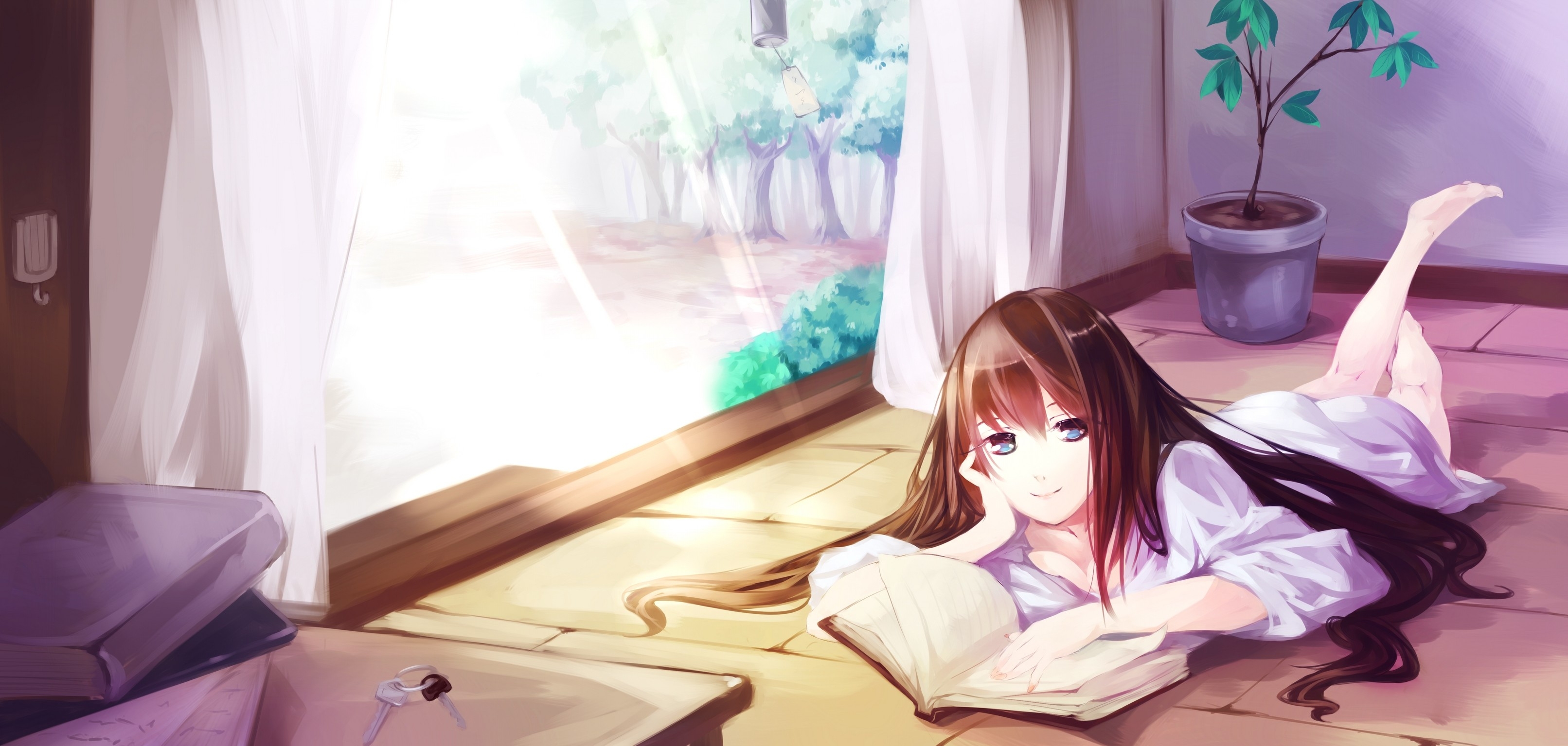anime girl reading a book in bed