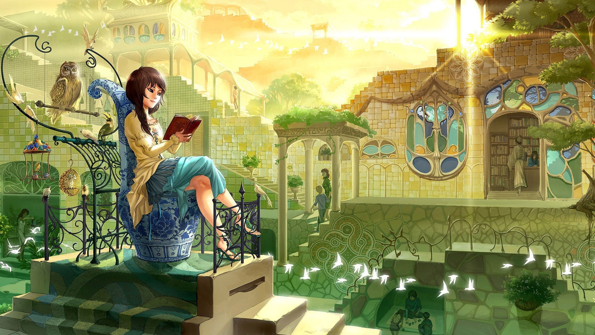 Wallpaper Fairytale Town, Girl, Owl, Warm Sunshine Books HD Wallpaper