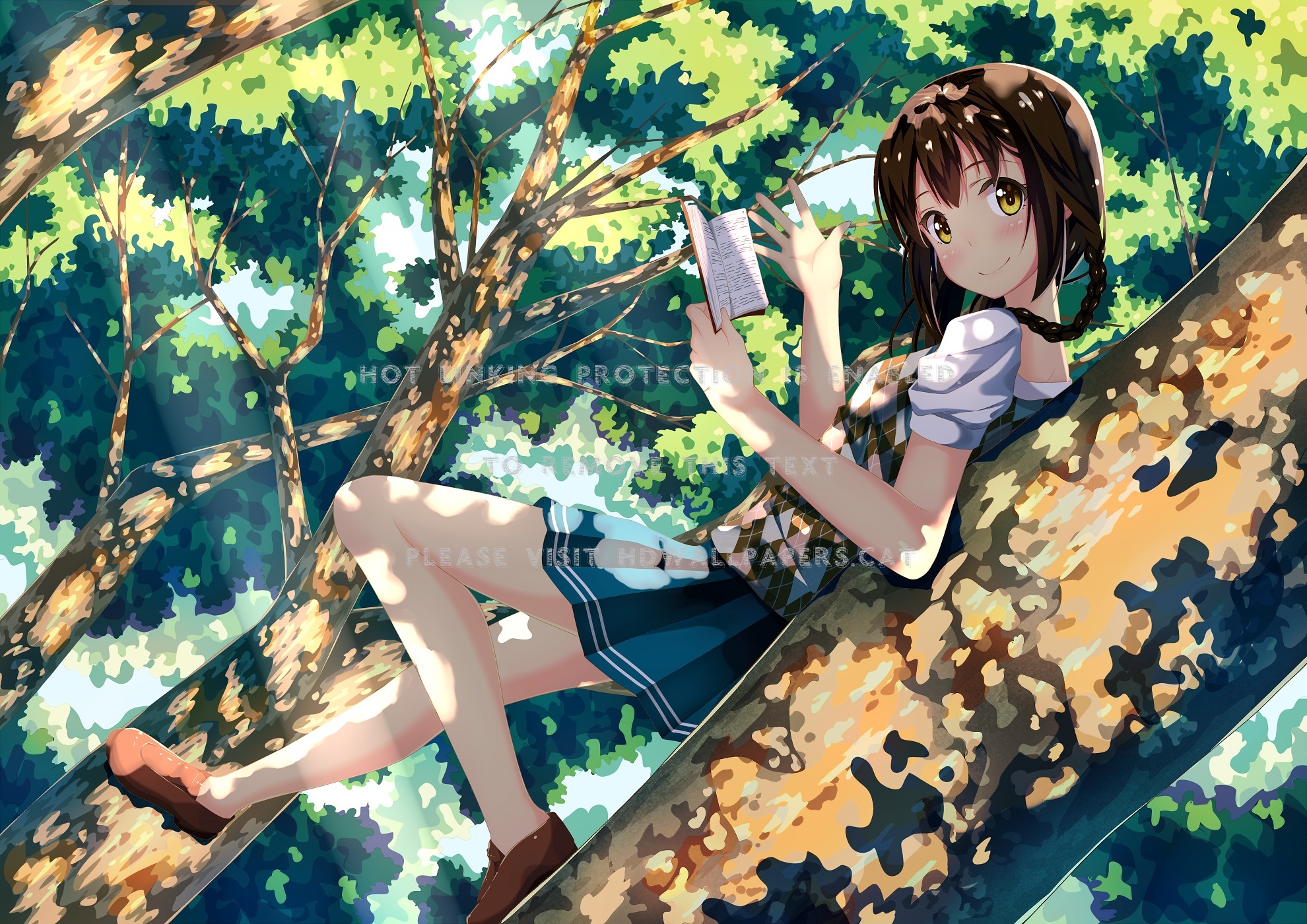 vacations reading anime tree book cute girl