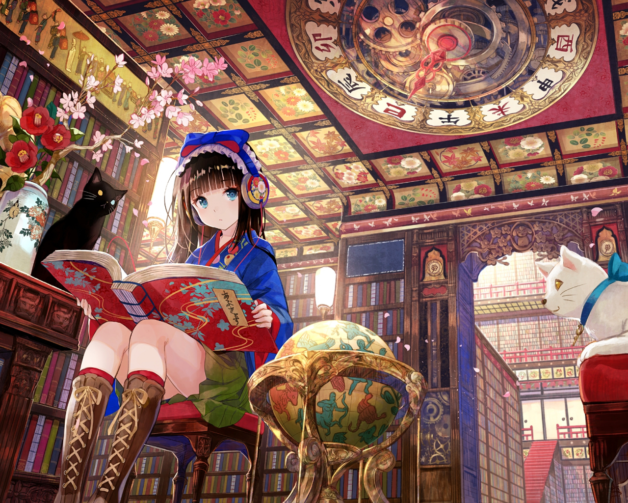 Desktop Wallpaper Library, Reading, Book, Anime Girl, HD Image, Picture, Background, 694f E