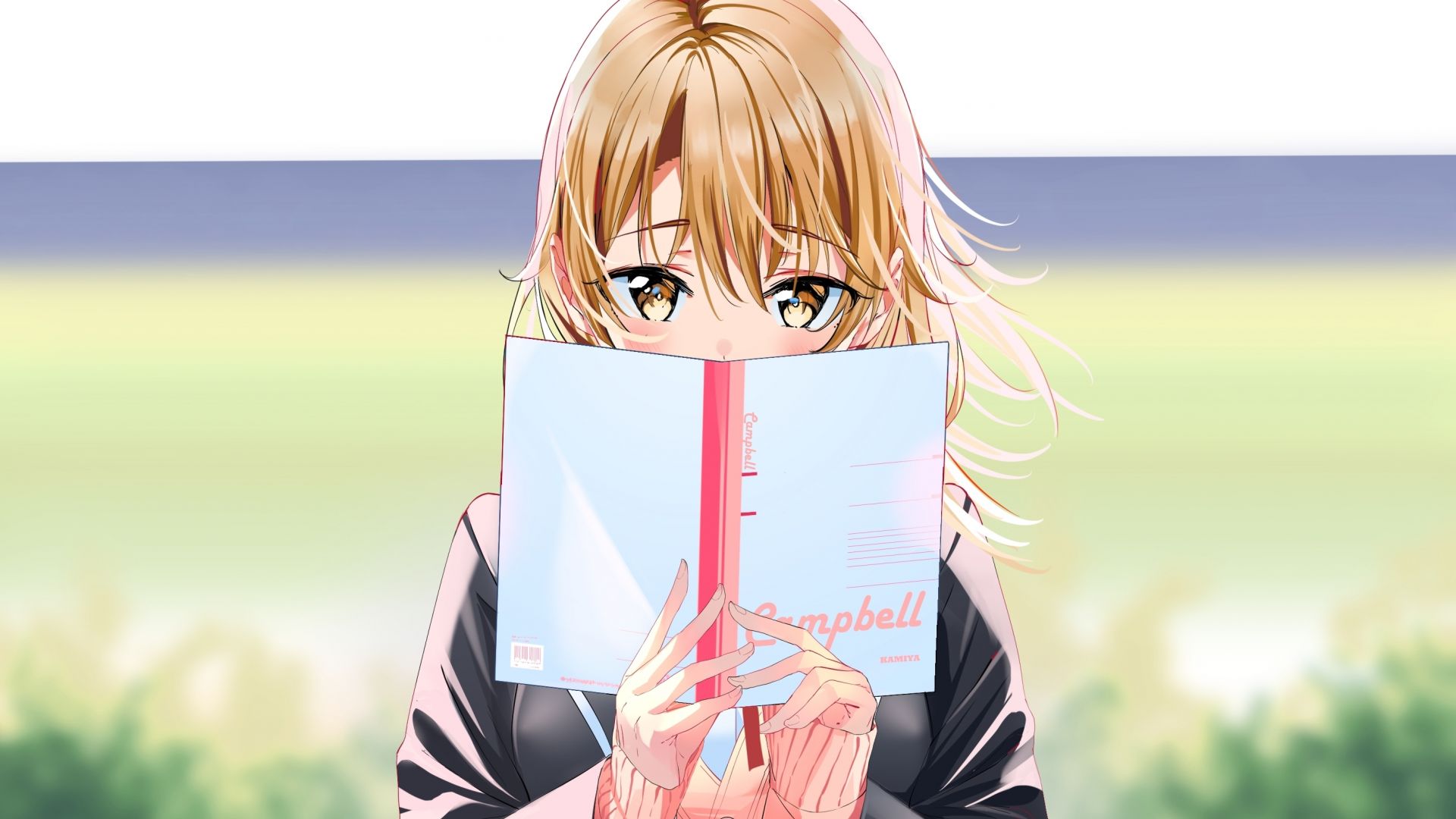 Desktop wallpaper cute, anime girl, face behind book, original, art, HD image, picture, background, 46eba4