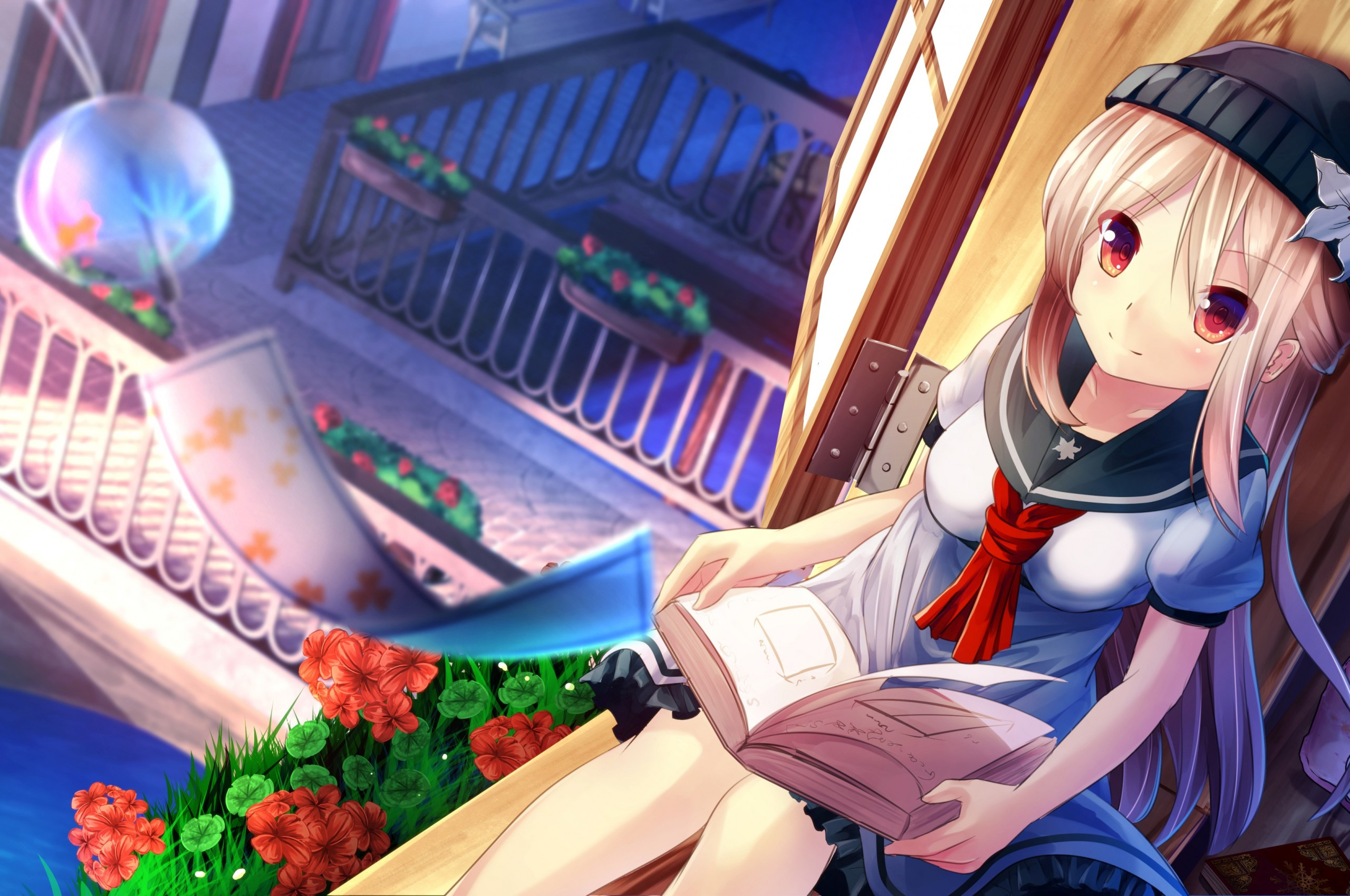 Download 2560x1700 Anime Girl, Sitting, Reading A Book, School Uniform, Wind Wallpaper for Chromebook Pixel