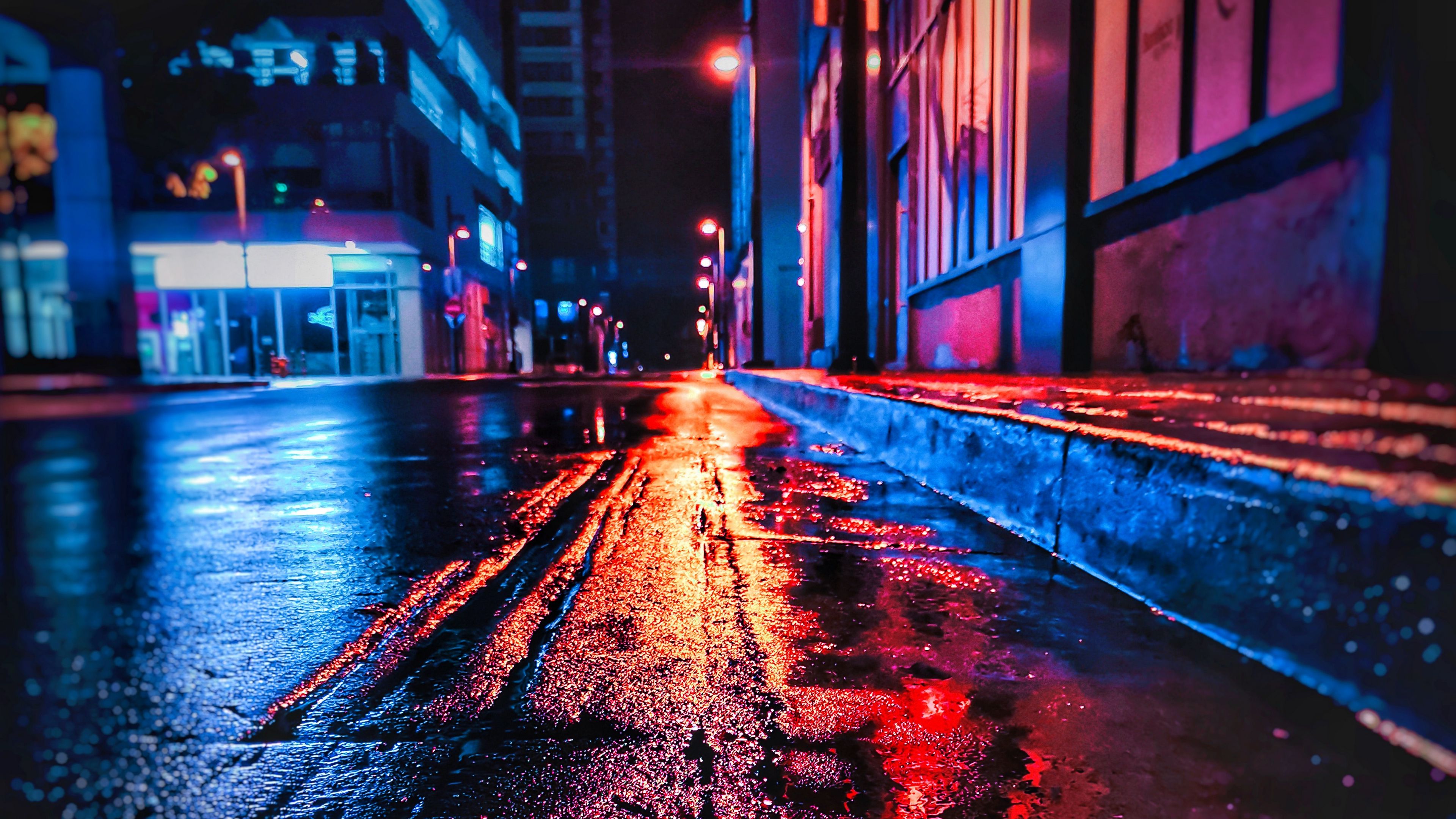 Wallpaper / street, night, wet, neon, city, 4k free download