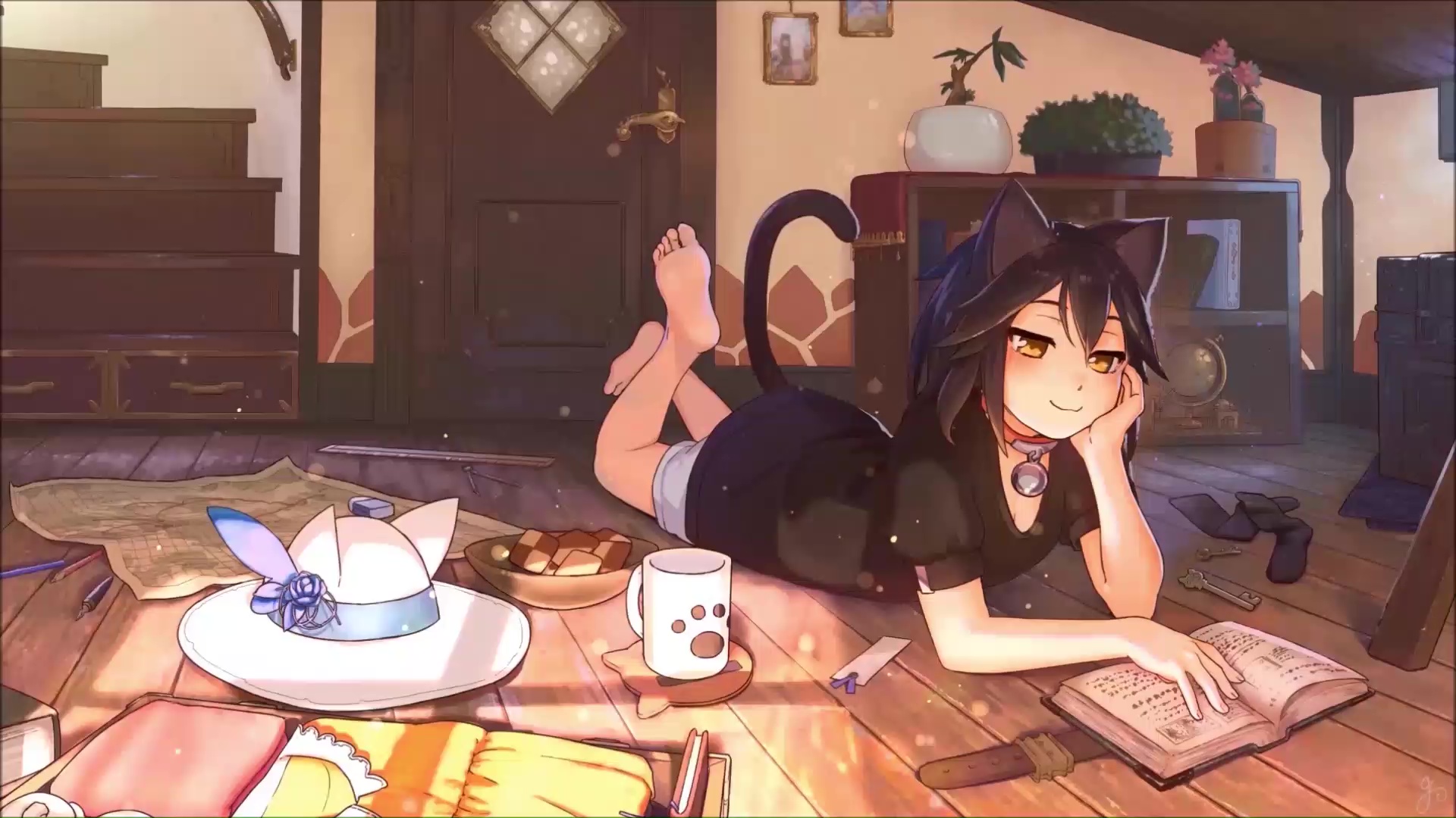 Neko Girl Reading A Book Live Wallpaper