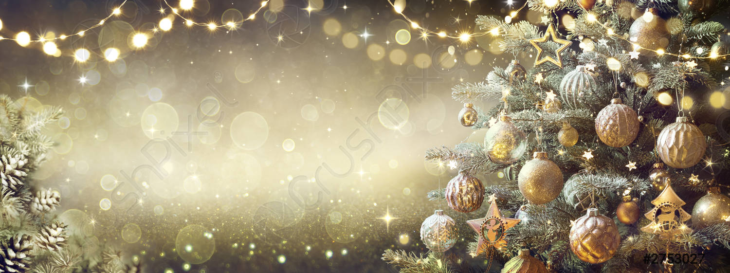 Vintage Christmas Tree With Retro Ornament And Golden Shiny Glitter