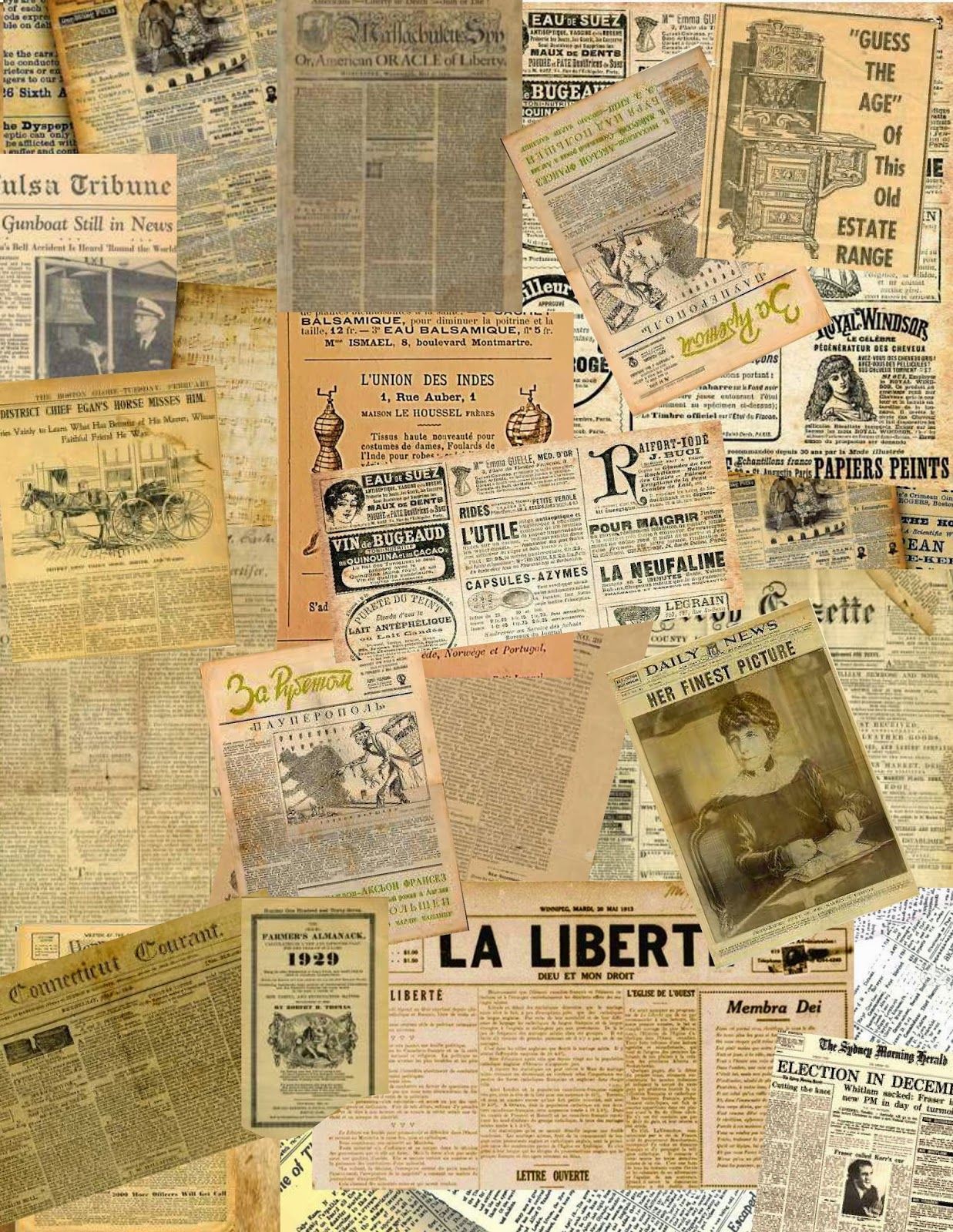 Digital collage of old newspaper pages in various langauges sized to print on A4 paper. Intended as a reso. Newspaper collage, Old newspaper, Newspaper wallpaper