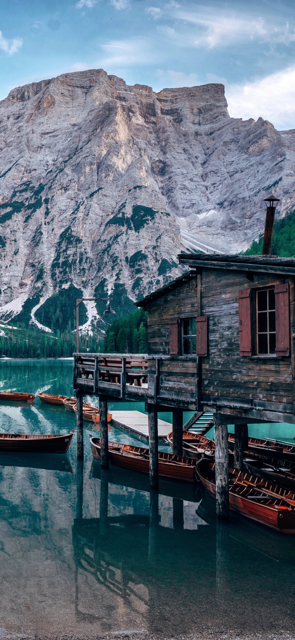 Lake Braies Wallpaper 4K, Italy, Wooden House, Boats, Mountains, Glacier, Nature