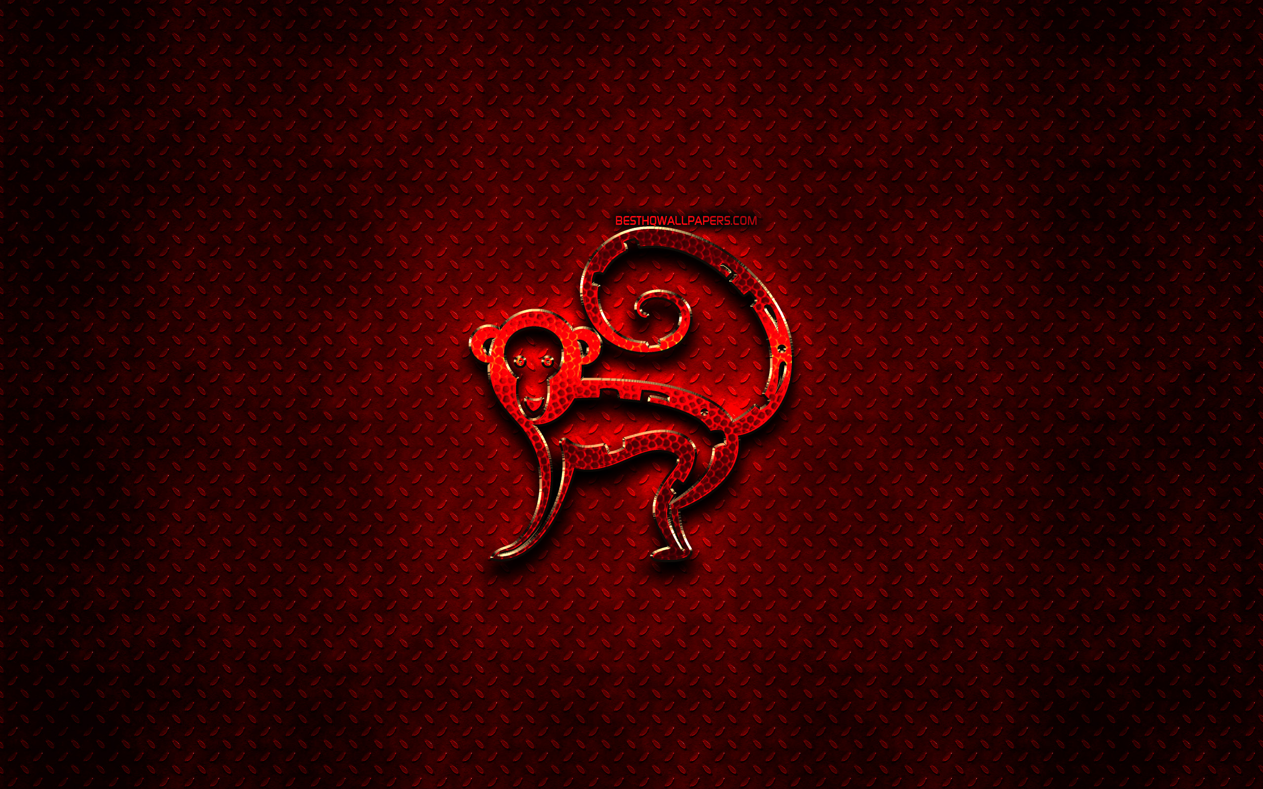 Download wallpaper Monkey, red animals signs, chinese zodiac, Chinese calendar, Monkey zodiac sign, red metal background, Chinese Zodiac Signs, animals, creative, Monkey zodiac for desktop with resolution 2560x1600. High Quality HD picture