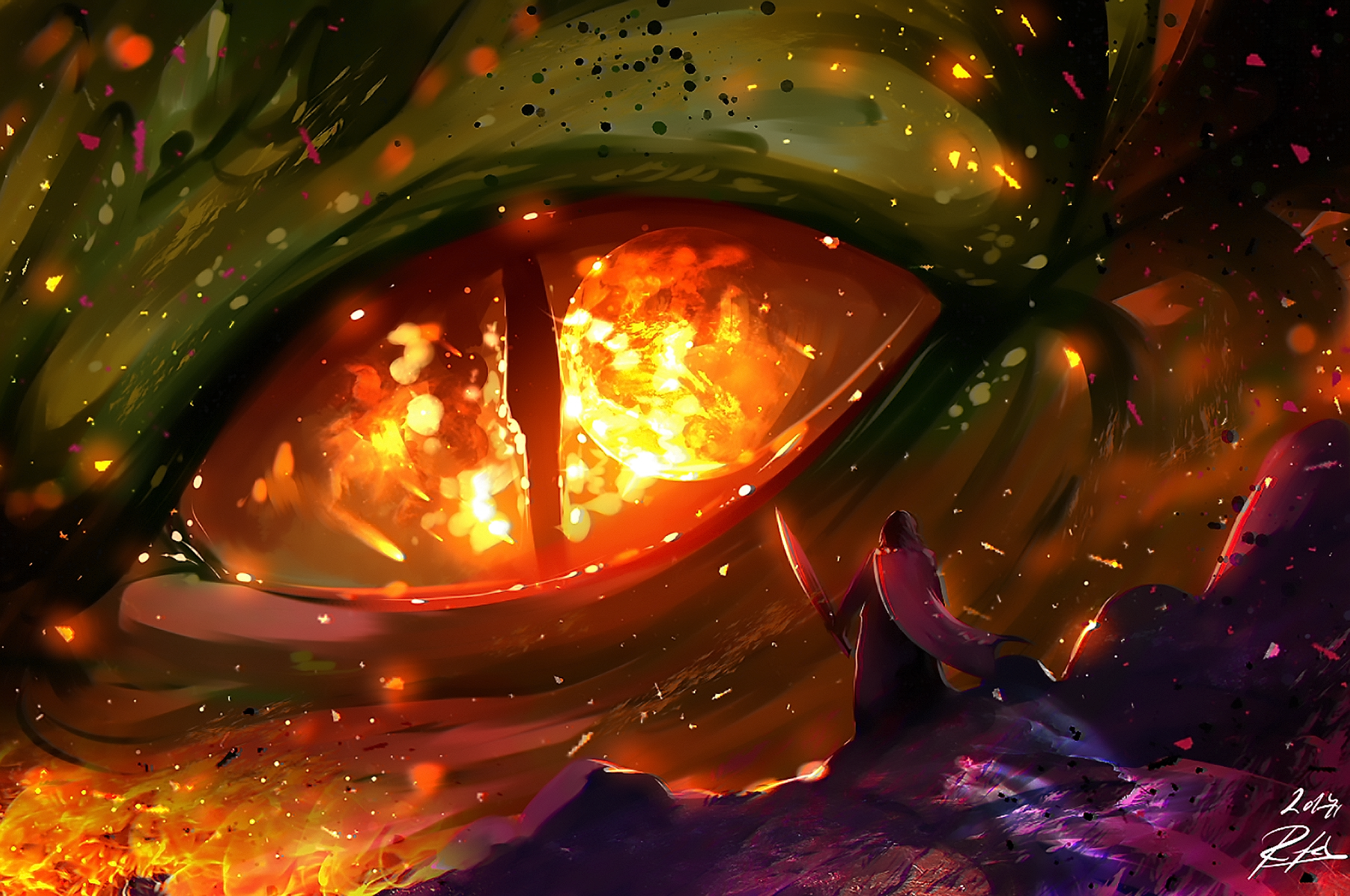 Download 2560x1700 Dragon, Eye, Close Up, Knight, Fire, Painting Wallpaper For Chromebook Pixel