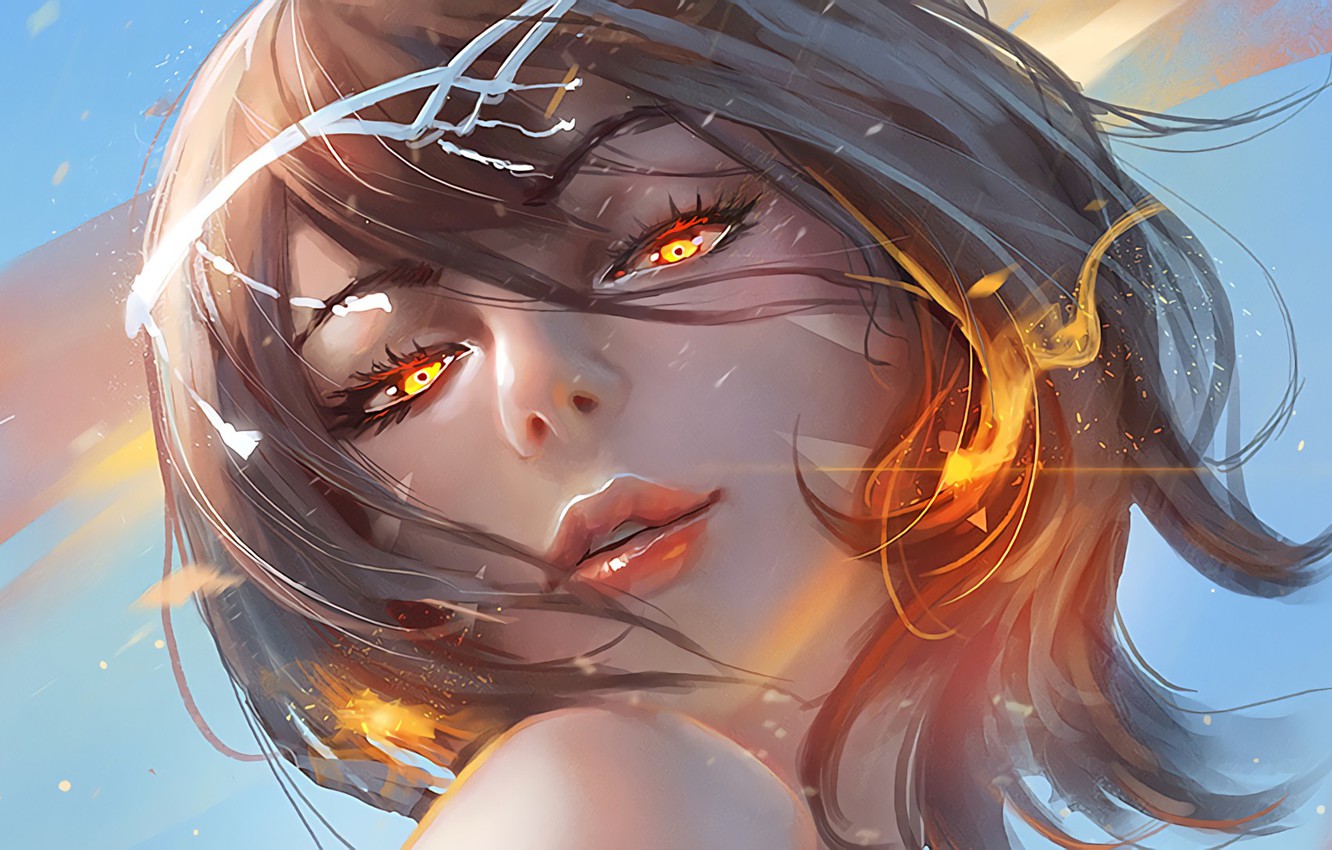 Wallpaper Girl, fire, eyes, art, face, digital art, artwork, fantasy art, mouth, original characters image for desktop, section арт
