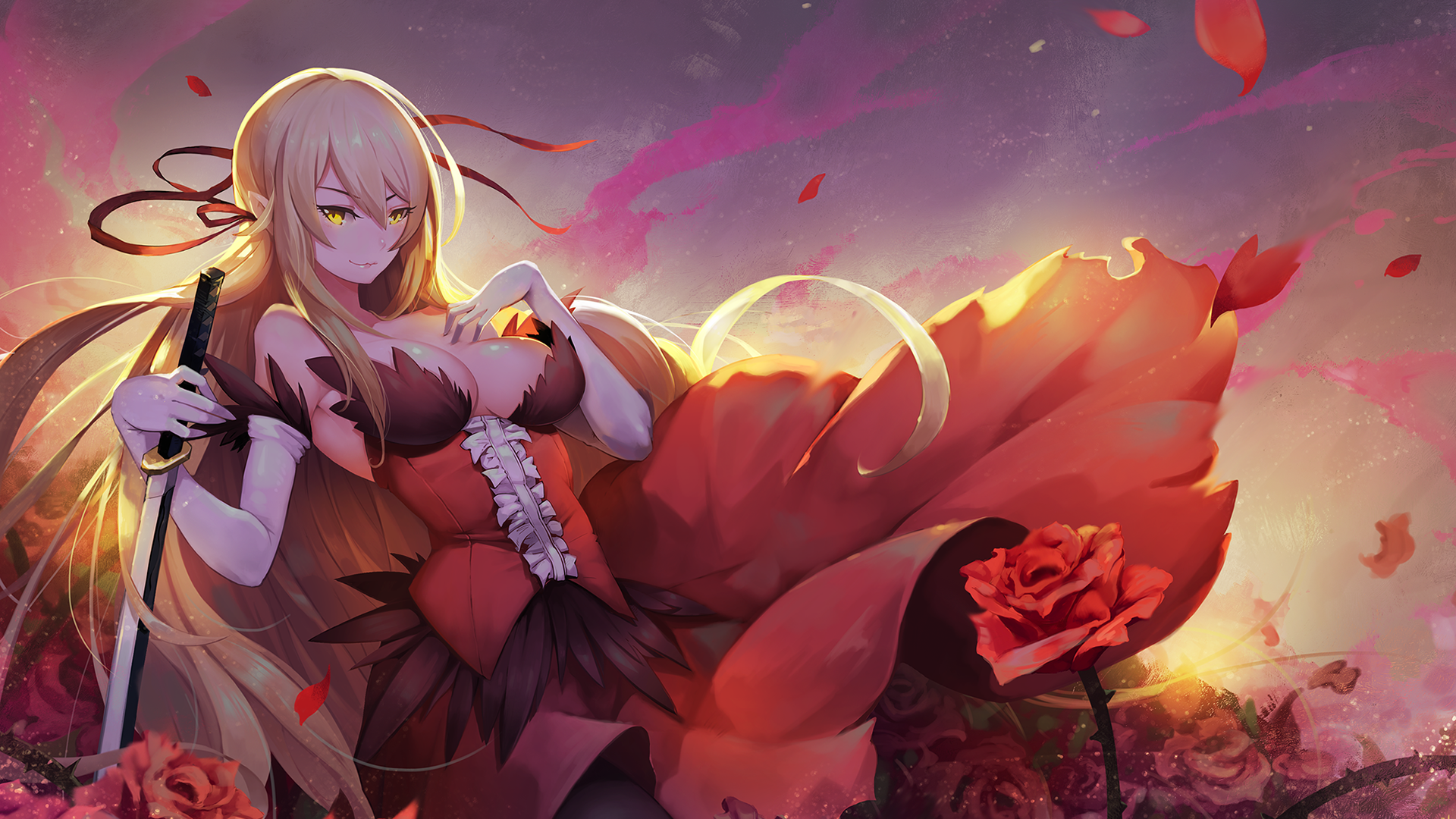 Wallpaper, blonde, sword, gloves, Monogatari Series, Oshino Shinobu 1920x1080