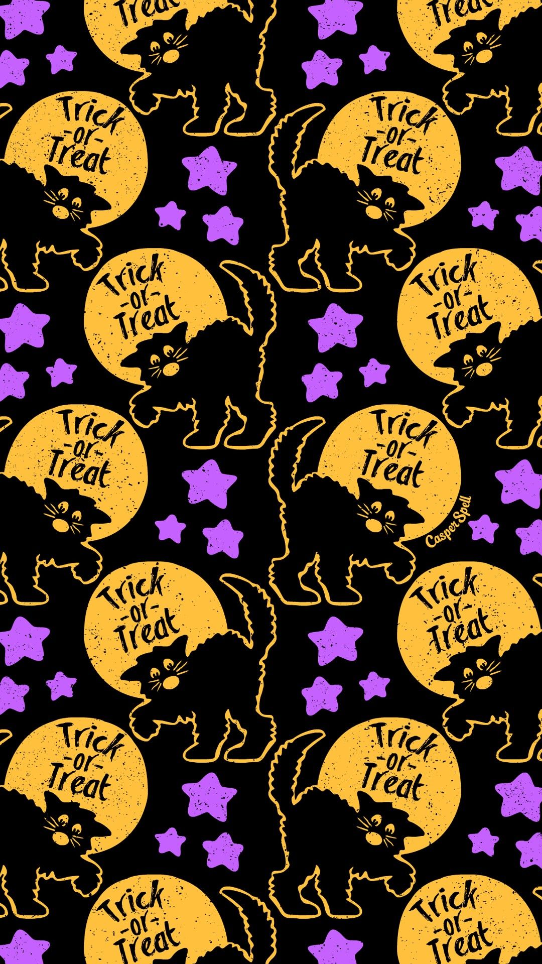 Retro Halloween black cat trick or treat spooky cute stars moon repeat pa. Halloween wallpaper iphone background, Halloween wallpaper iphone, Halloween wallpaper