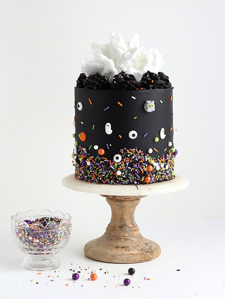 Spooky Black Buttercream & Monster Sprinkles Cake