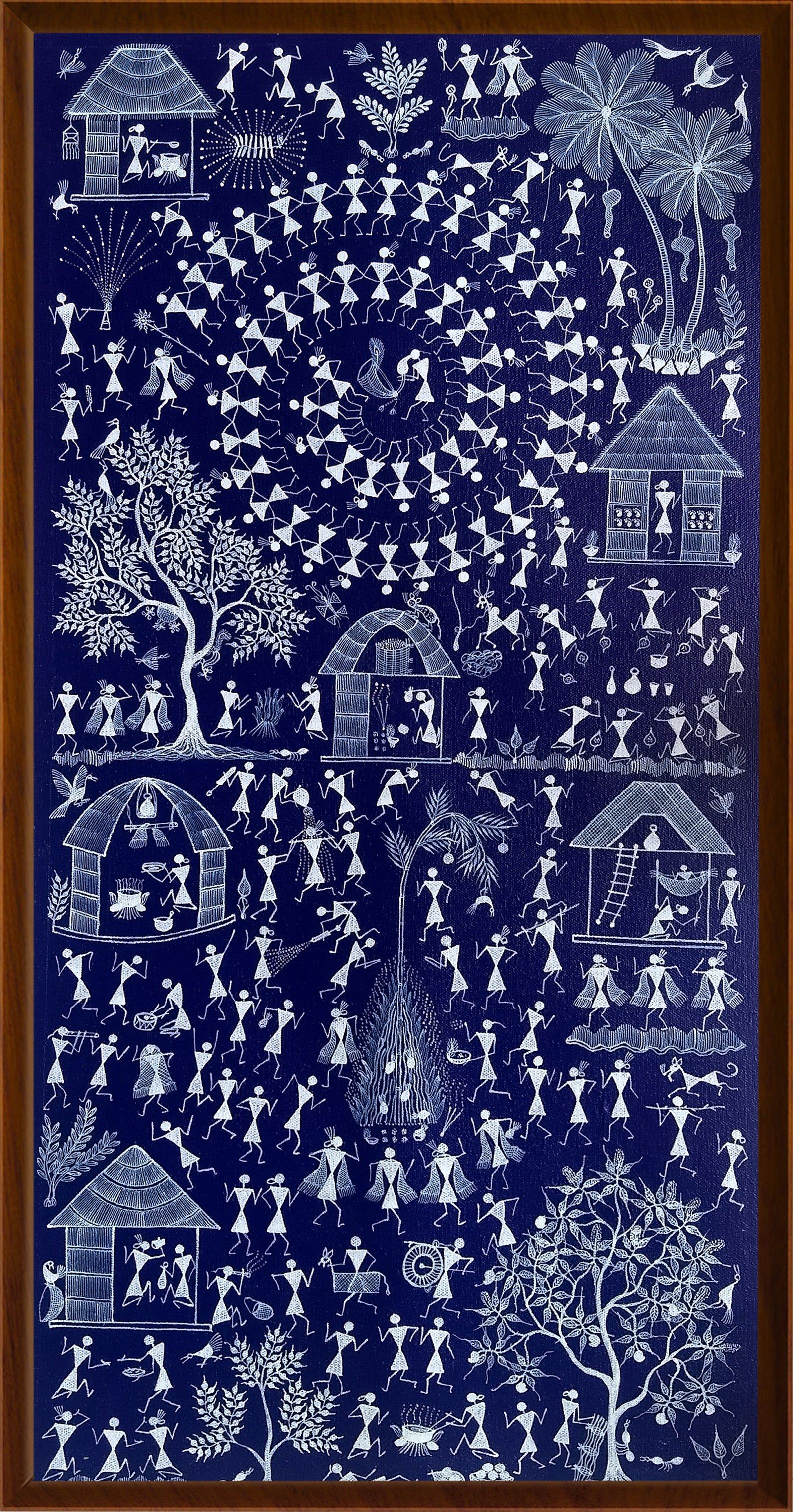 Tribal Warli Painting, Handmade Indian Traditional painting on Canvas with Tribal Festival Celebration 60x30 cms. Indian traditional paintings, Traditional paintings, Worli painting