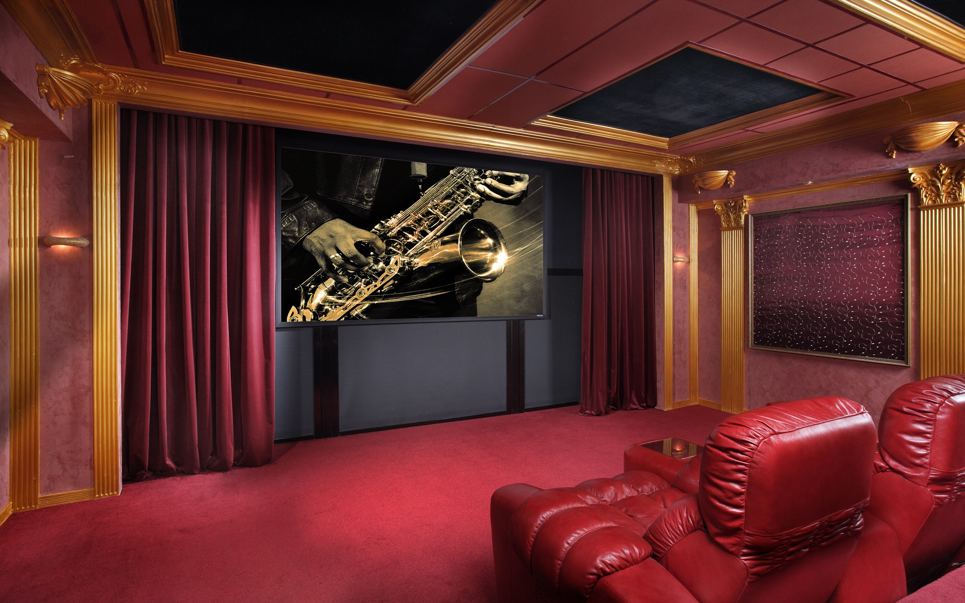 Wallpaper, room, red, interior design, movie theater, sofa, stage, hall, theatre, screenshot 1920x1200