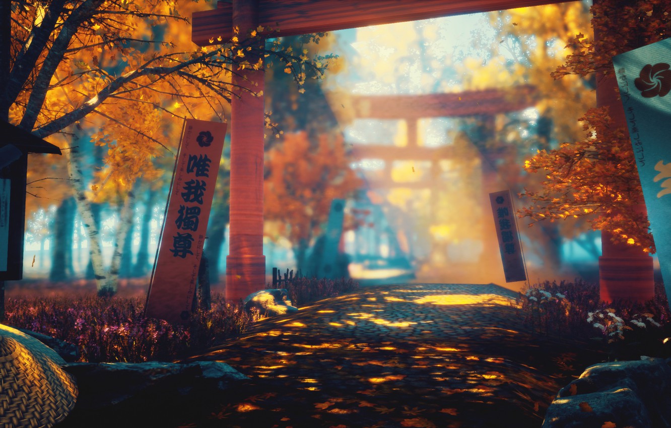 Wallpaper autumn, nature, sword, art, torii image for desktop, section арт
