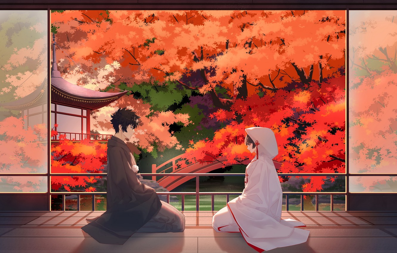 Wallpaper Autumn, Kimono, Psycho Pass, Tsunemori Akane, Kougami Shinya, Anime Couple Image For Desktop, Section арт
