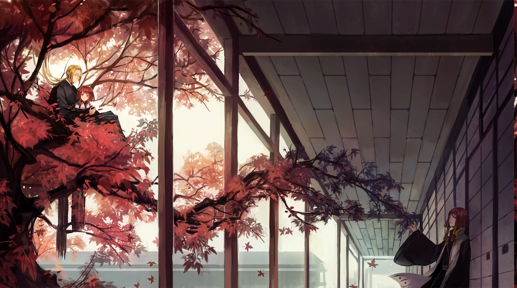 Wallpaper, landscape, window, anime, branch, house, tree, autumn, flower, plant, screenshot, computer wallpaper, 1754x977 px 1754x977