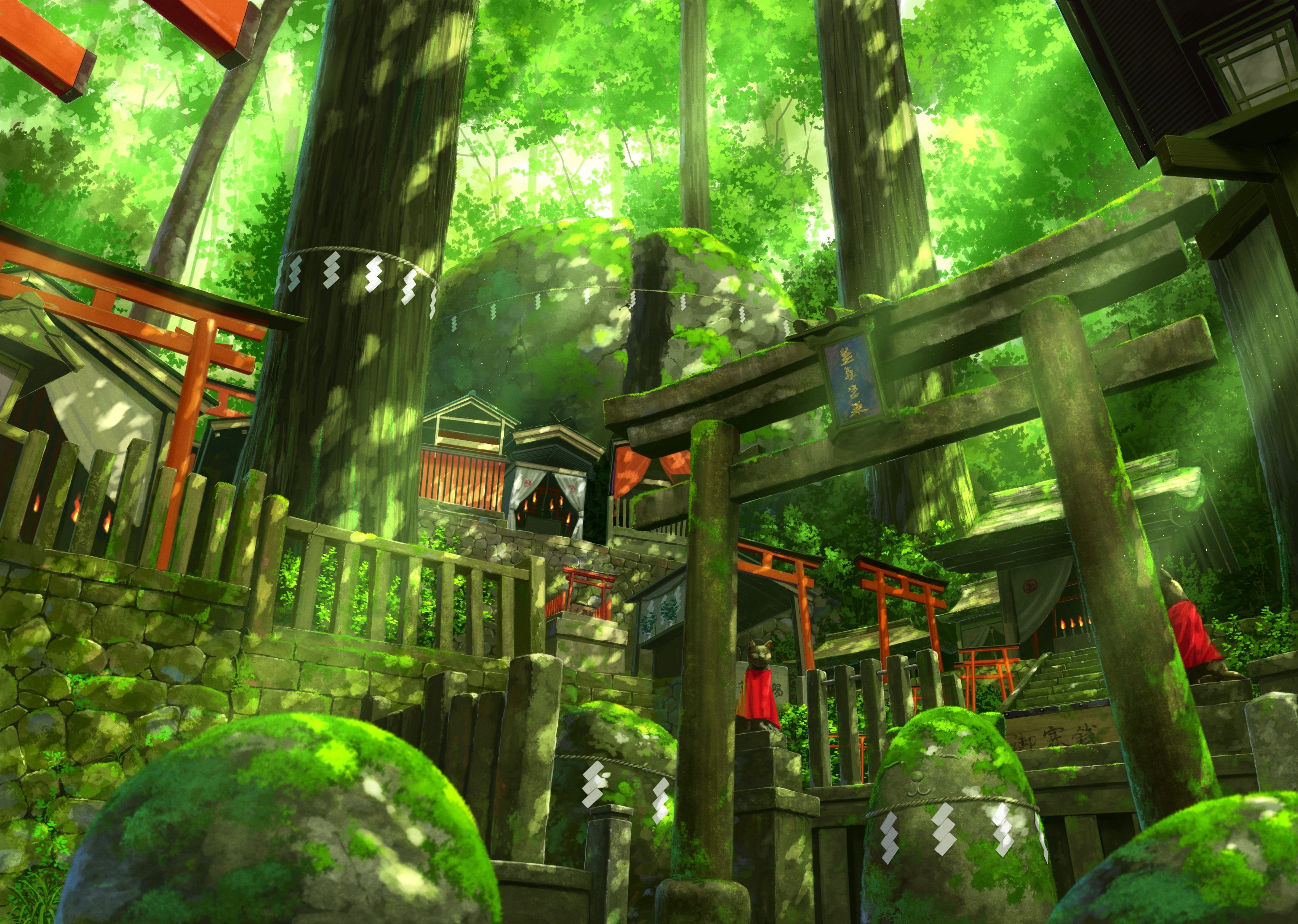 Download 3496x2488 Anime Landscape, Shrine, Forest, Stairs, Green Environment Wallpaper