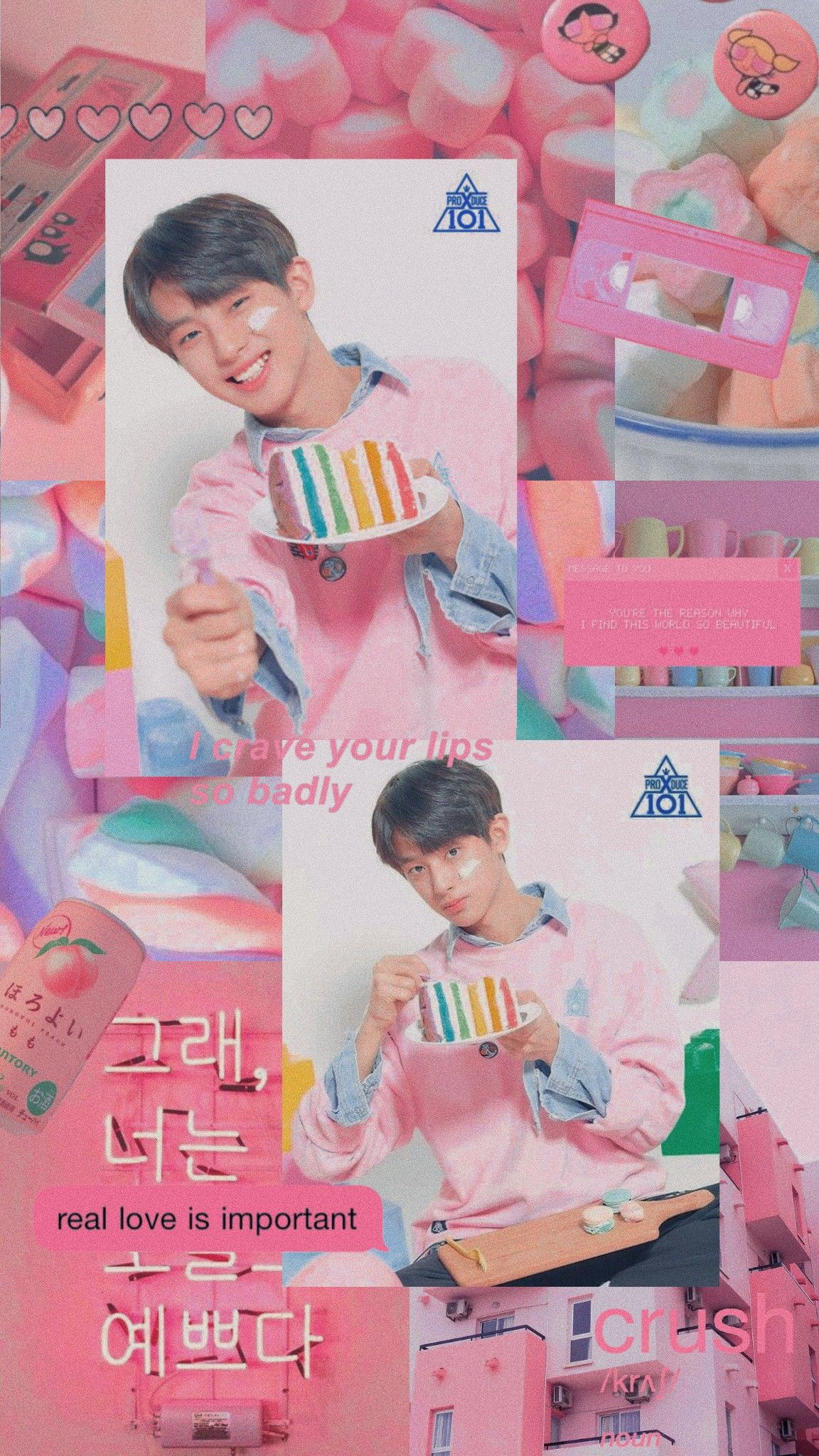 Produce X 101.. Kim Minkyu.. Wallpaper.. Lock screen.. Collage.. Aestethic.. Edit.. Pink.. Pastel. Suami masa depan, Suami, Wallpaper ponsel