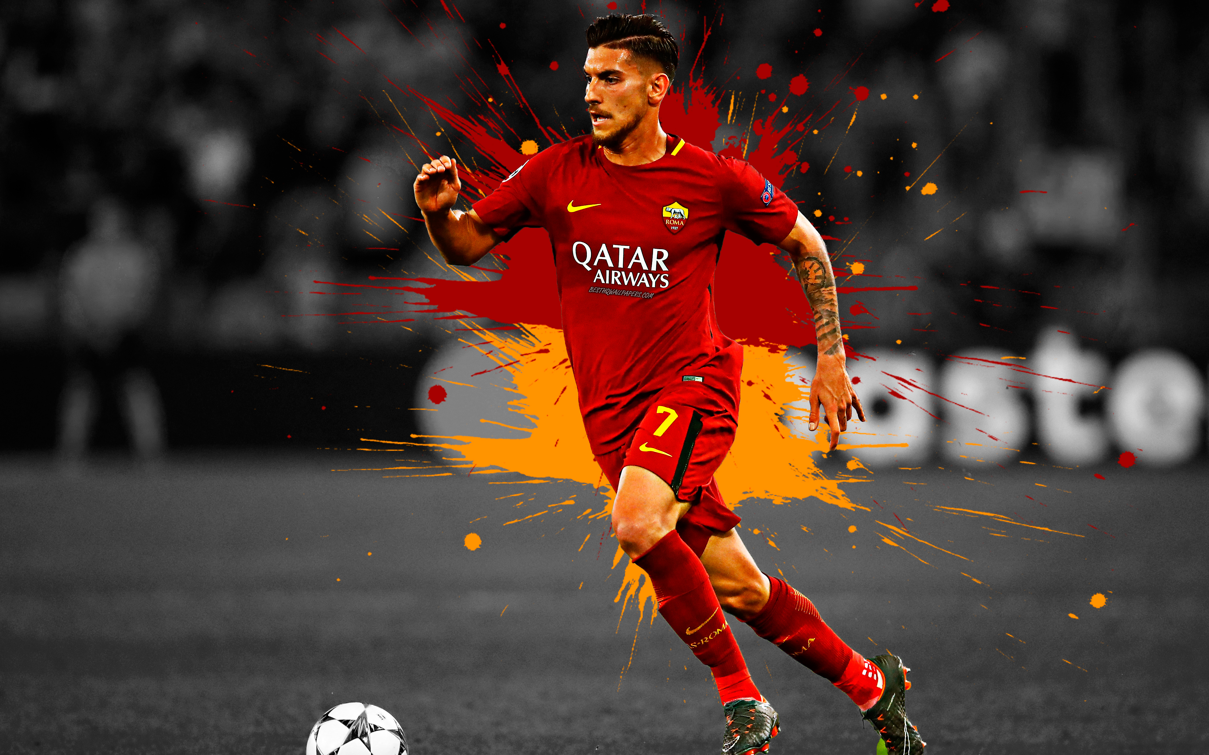 Download wallpaper Lorenzo Pellegrini, 4k, art, AS Roma, Italian football player, splashes of paint, grunge art, creative art, Serie A, Italy, football for desktop with resolution 3840x2400. High Quality HD picture wallpaper