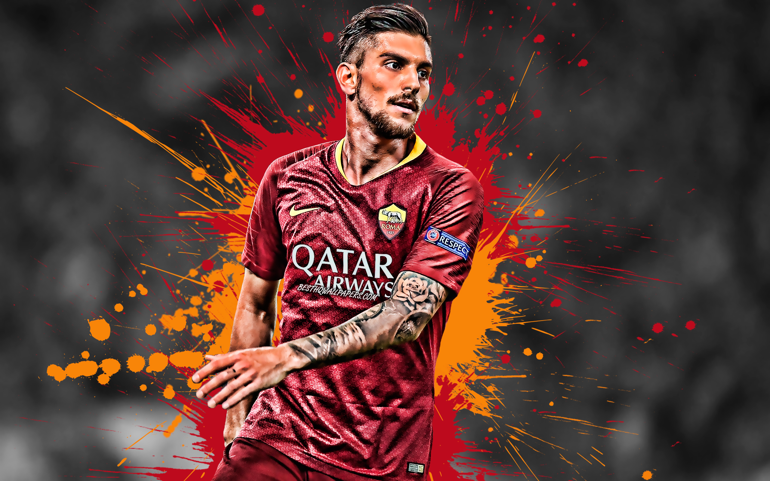 Download Wallpaper Lorenzo Pellegrini, 4k, Italian Football Player, AS Roma, Midfielder, Red Orange Paint Splashes, Creative Art, Serie A, Italy, Football, Grunge, Pellegrini For Desktop With Resolution 2560x1600. High Quality HD Picture Wallpaper