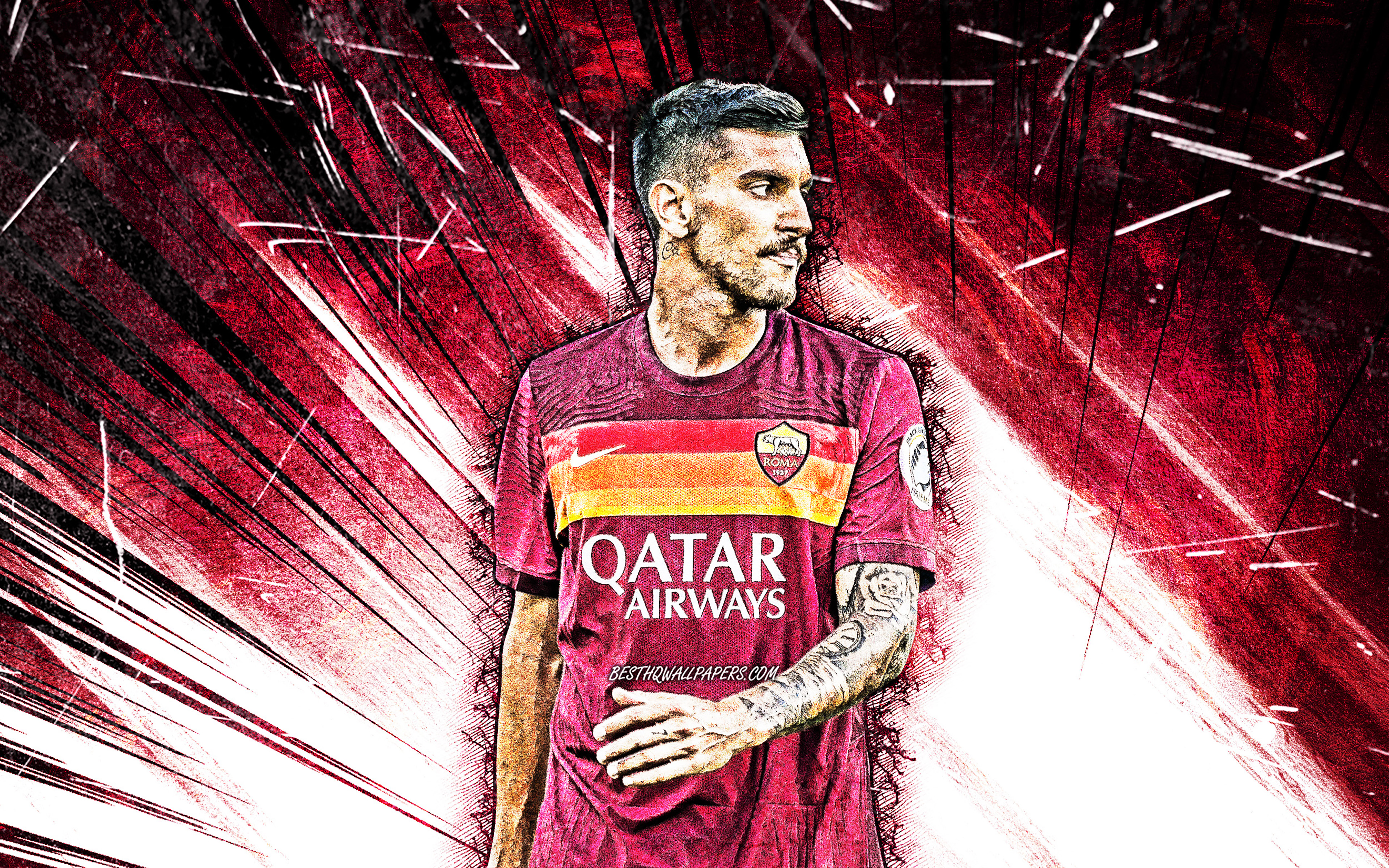 Download wallpaper 4k, Lorenzo Pellegrini, grunge art, AS Roma, Serie A, italian footballers, soccer, purple abstract rays, Roma FC, Lorenzo Pellegrini 4K for desktop with resolution 3840x2400. High Quality HD picture wallpaper