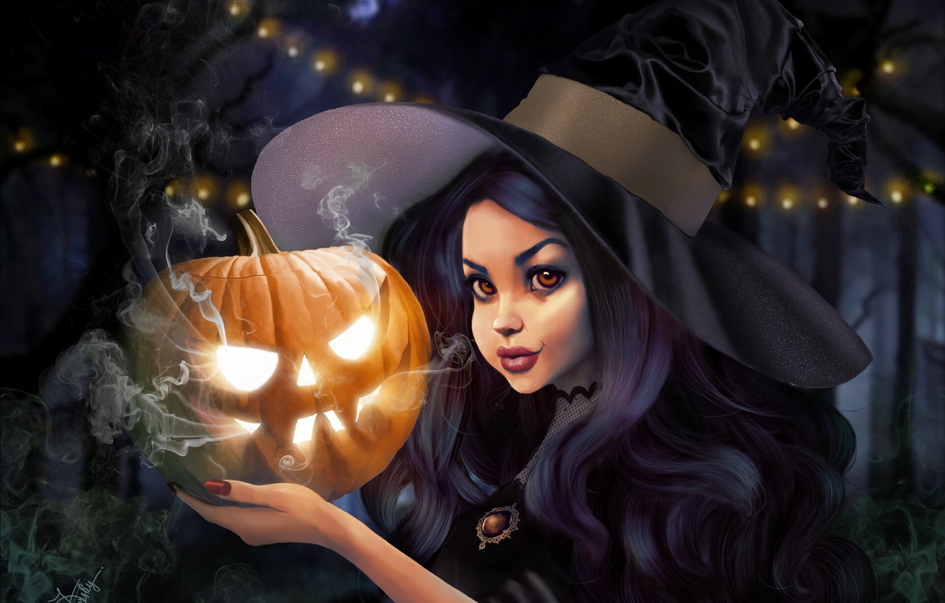 Wallpaper autumn, look, girl, light, lantern, Halloween, pumpkin, witch image for desktop, section праздники