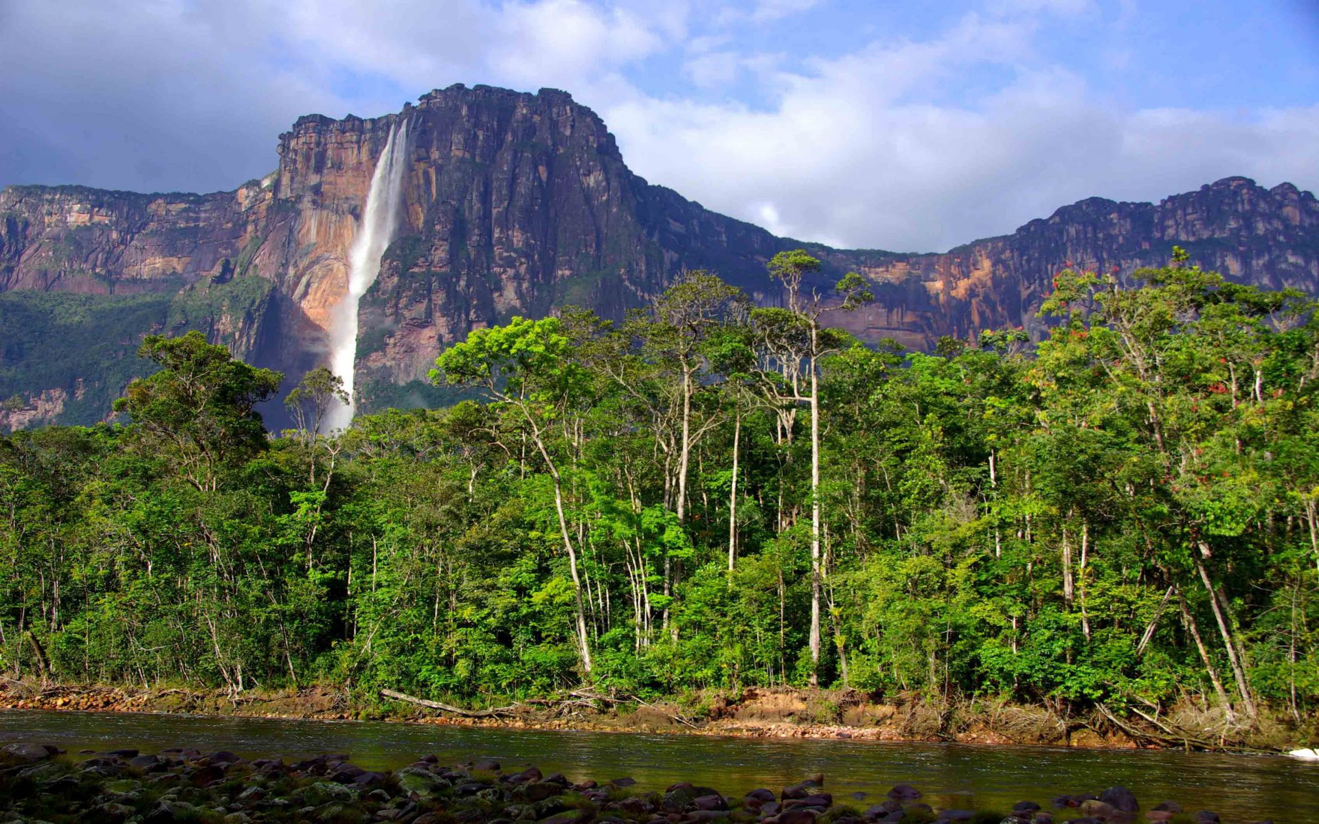 Angel Falls In Venezuela High Rocky Mountains, Tropical Forest With Tall Green Trees, River Desktop Wallpaper HD For Mobile Phones And Laptops, Wallpaper13.com