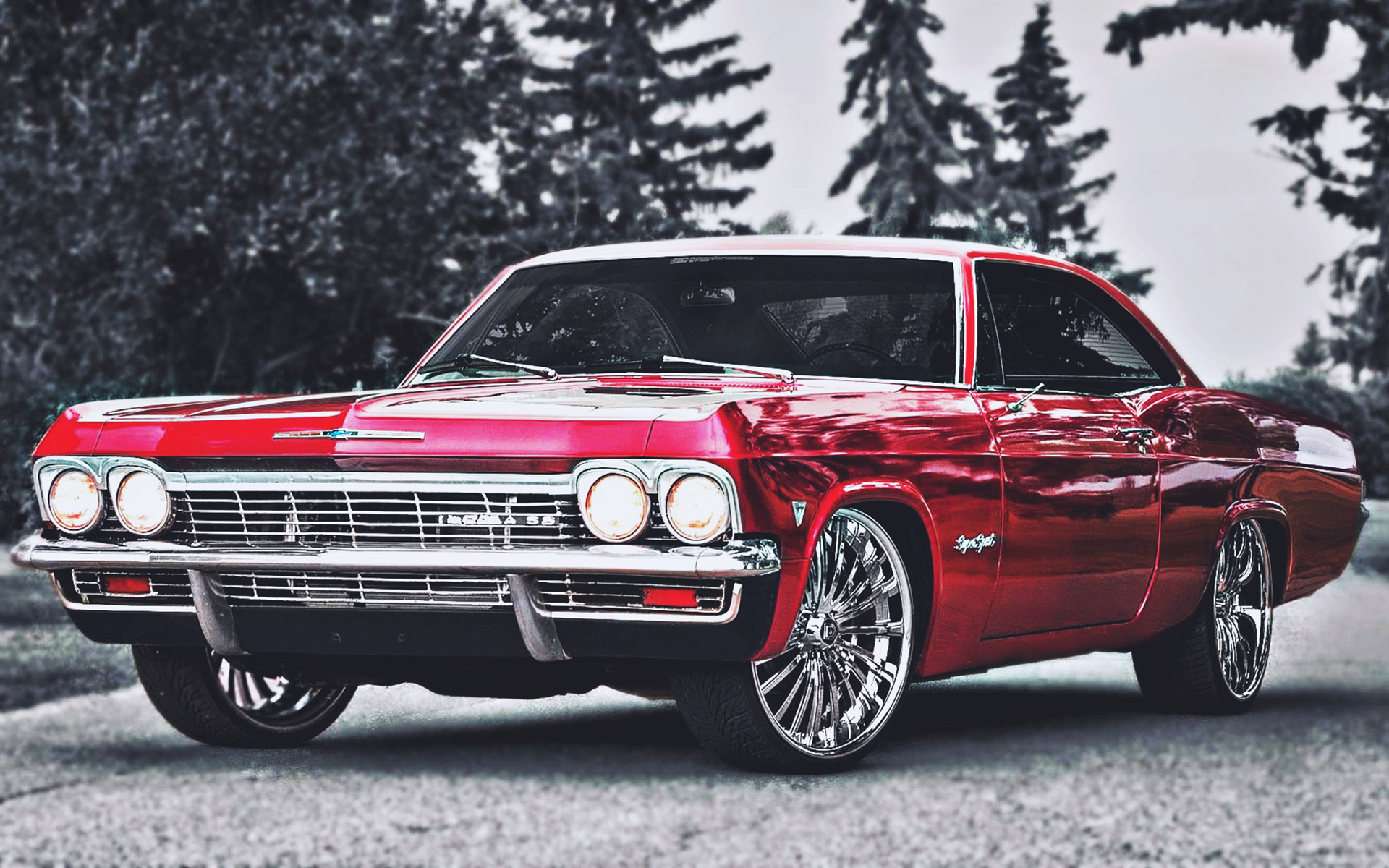 Download wallpaper Chevrolet Impala, 1967 cars, retro cars, tuning, road, red Impala, american cars, Chevrolet for desktop with resolution 1920x1200. High Quality HD picture wallpaper