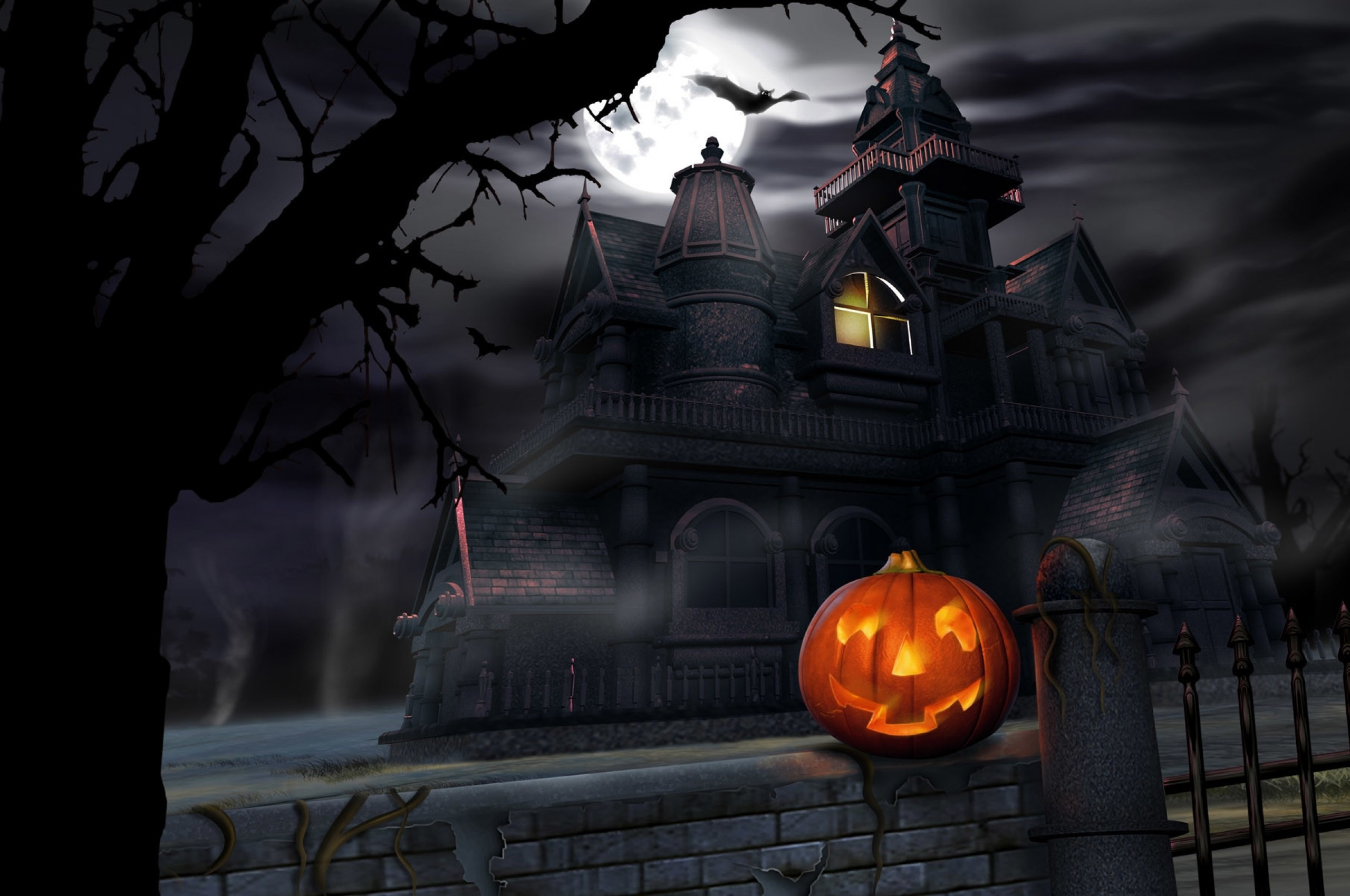 Download 2560x1700 Halloween, Pumpkin, Scary, Moon, Bat Wallpaper for Chromebook Pixel