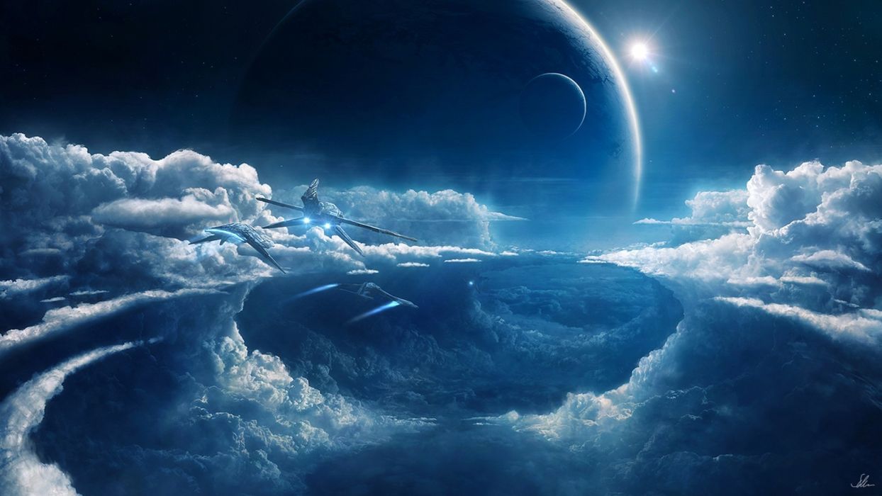 Sci fi science futuristic spaceship spacecraft sky clouds flight planets space moon wallpaperx1080