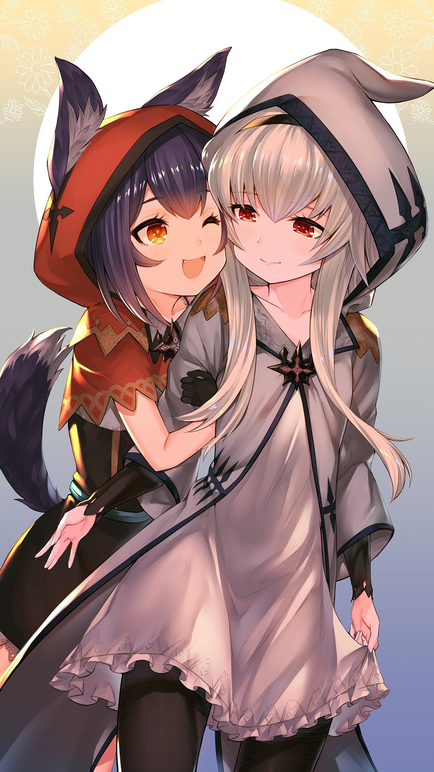 Wallpaper, Hololive, Ookami Mio, Virtual Youtuber, anime girls, animal ears, hoods, black hair, white hair, red eyes 1391x2473