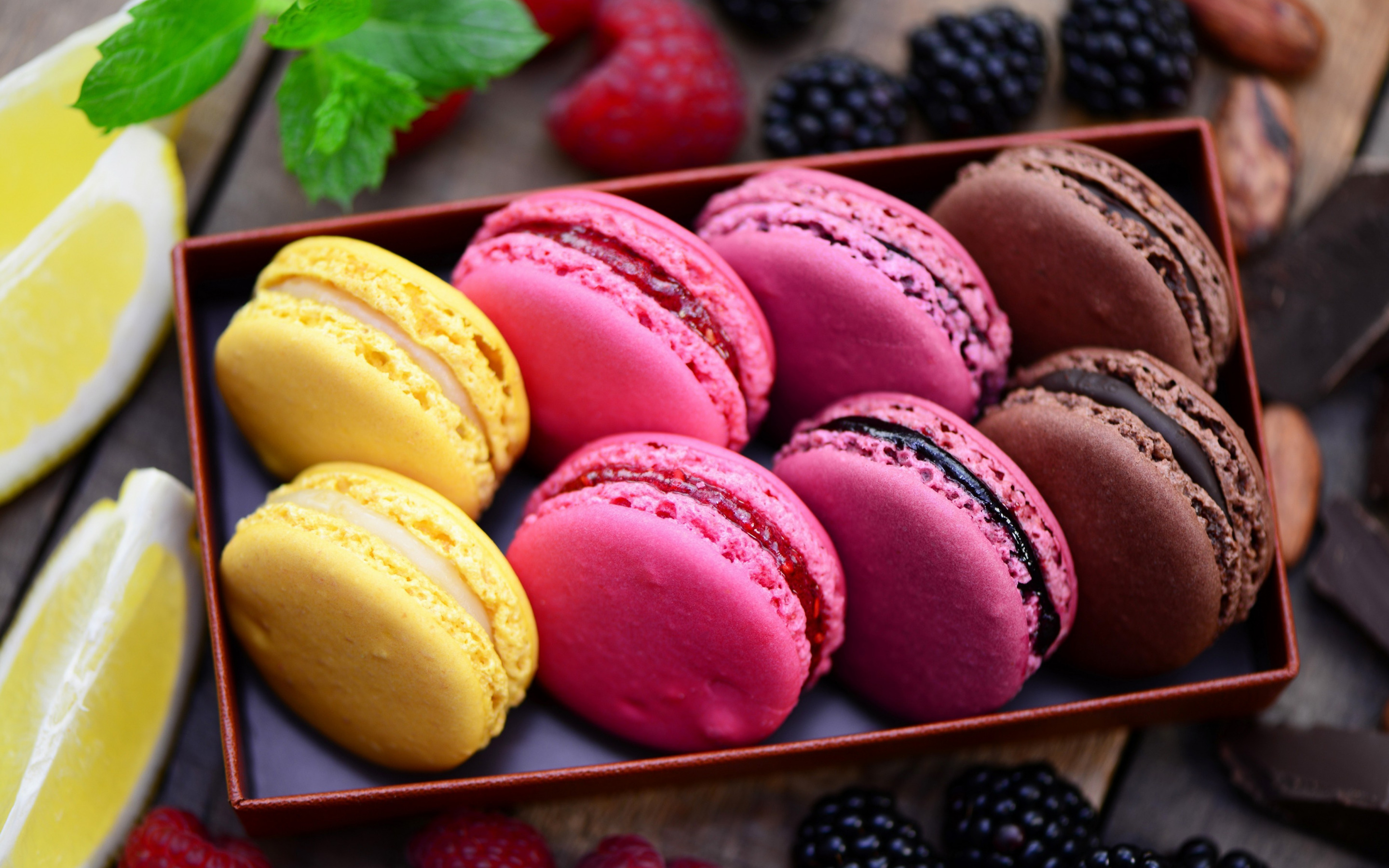 Download wallpaper macaroons, colorful cookies, pastry, biscuit cookies, chocolate macaroons, lemon macaroons, raspberry macaroons for desktop with resolution 2880x1800. High Quality HD picture wallpaper