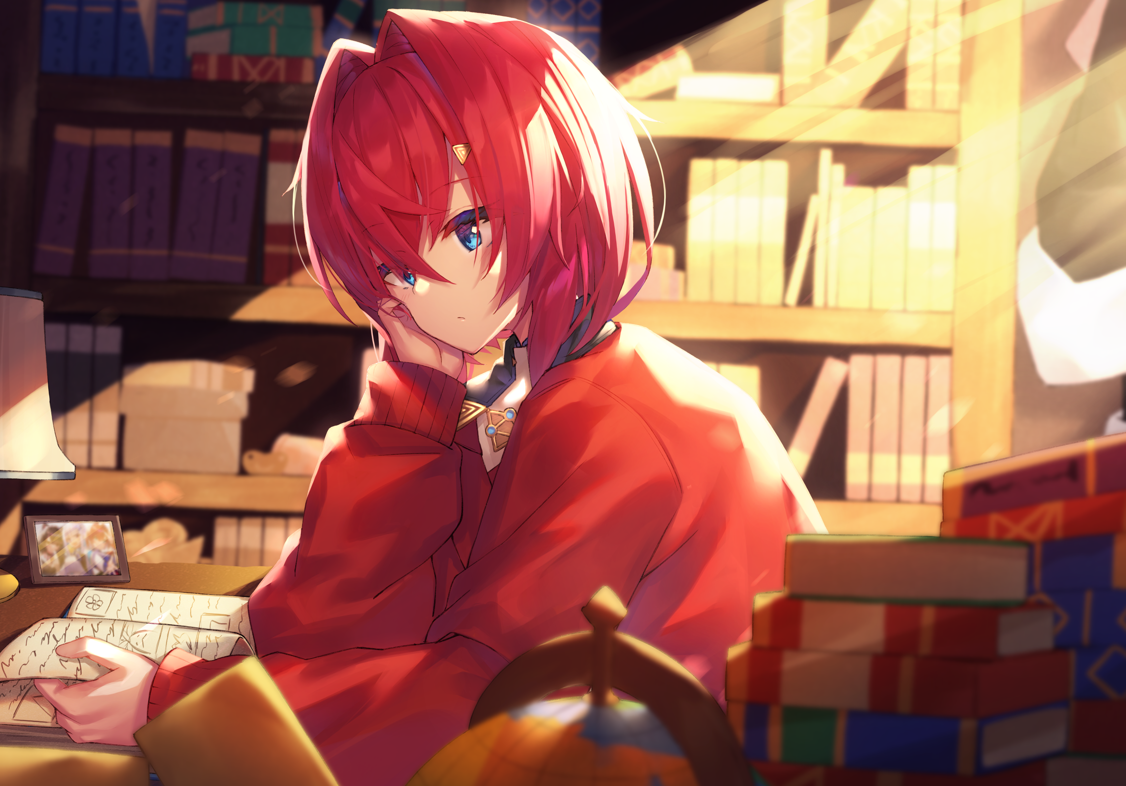 Ange Katrina Blue Eyes Book Girl Nijisanji Red Hair Short Hair Virtual Youtuber Wallpaper:2262x1579