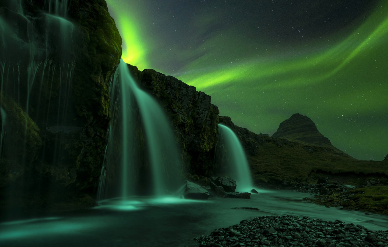 Wallpaper night, rocks, Northern lights, Norway, waterfalls image for desktop, section природа