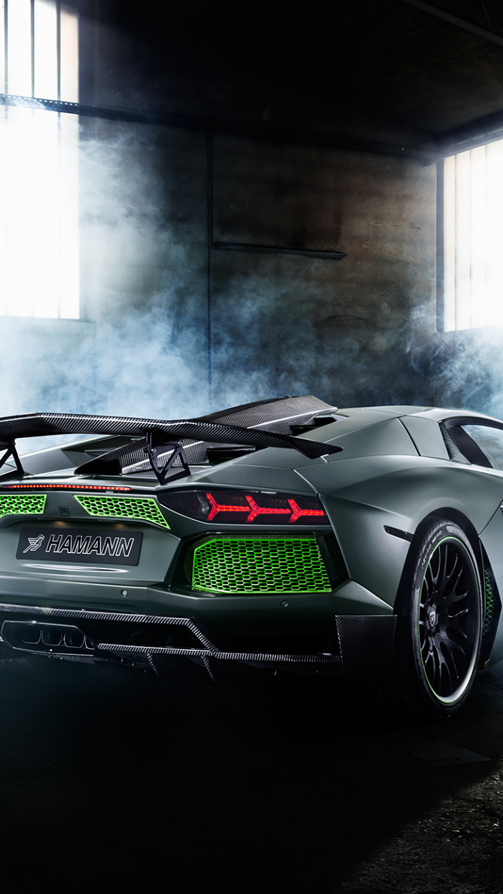 Download Custom, smoke, rear view, Lamborghini Aventador wallpaper, 720x1280, Samsung Galaxy mini S3, S5, Neo, Alpha, Sony Xperia Compact Z1, Z2, Z3, ASUS Zenfone