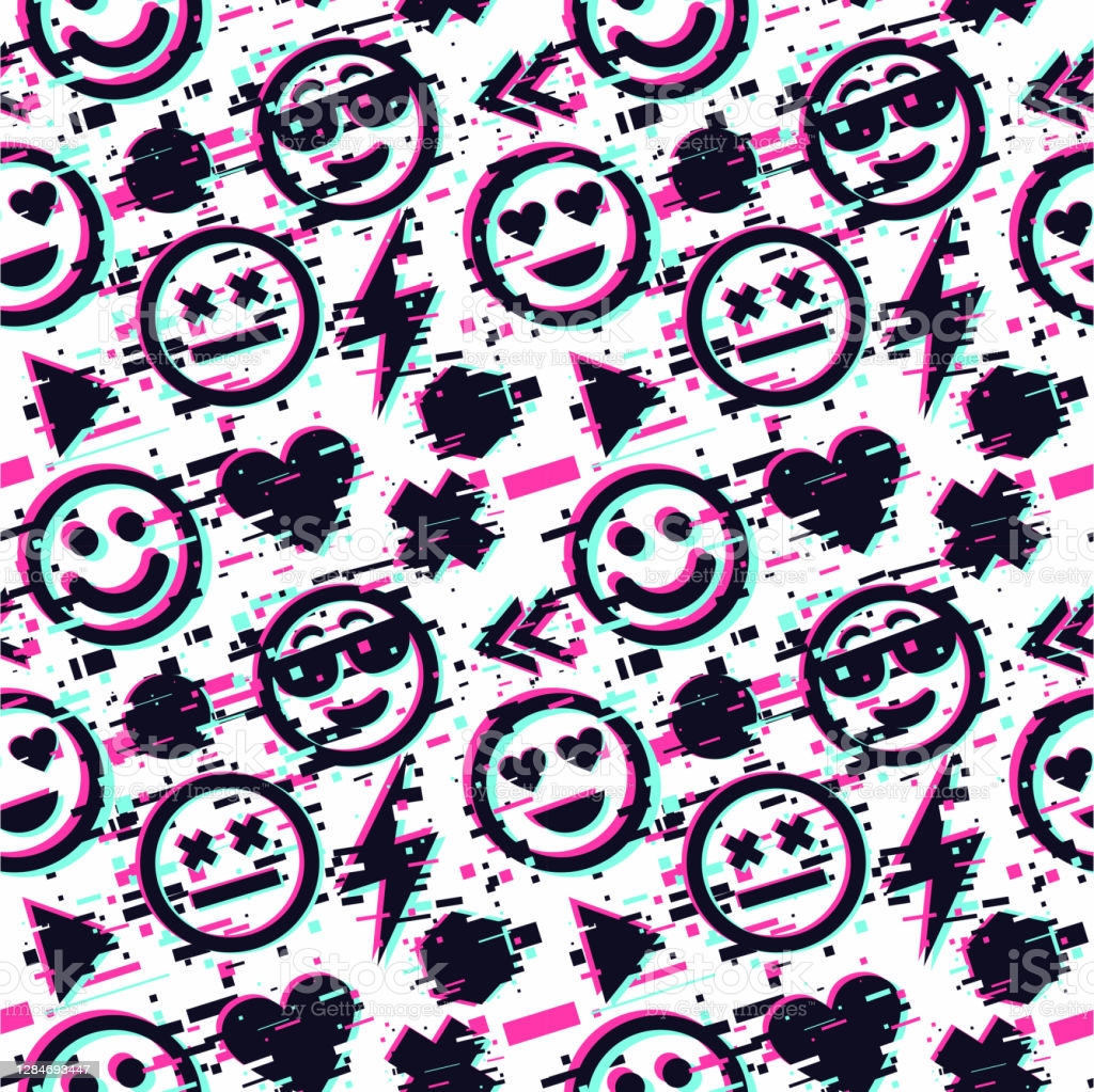 Emoticon Seamless Pattern Smile Face Icon Background Glitch Style Vector Texture Stock Illustration Image Now