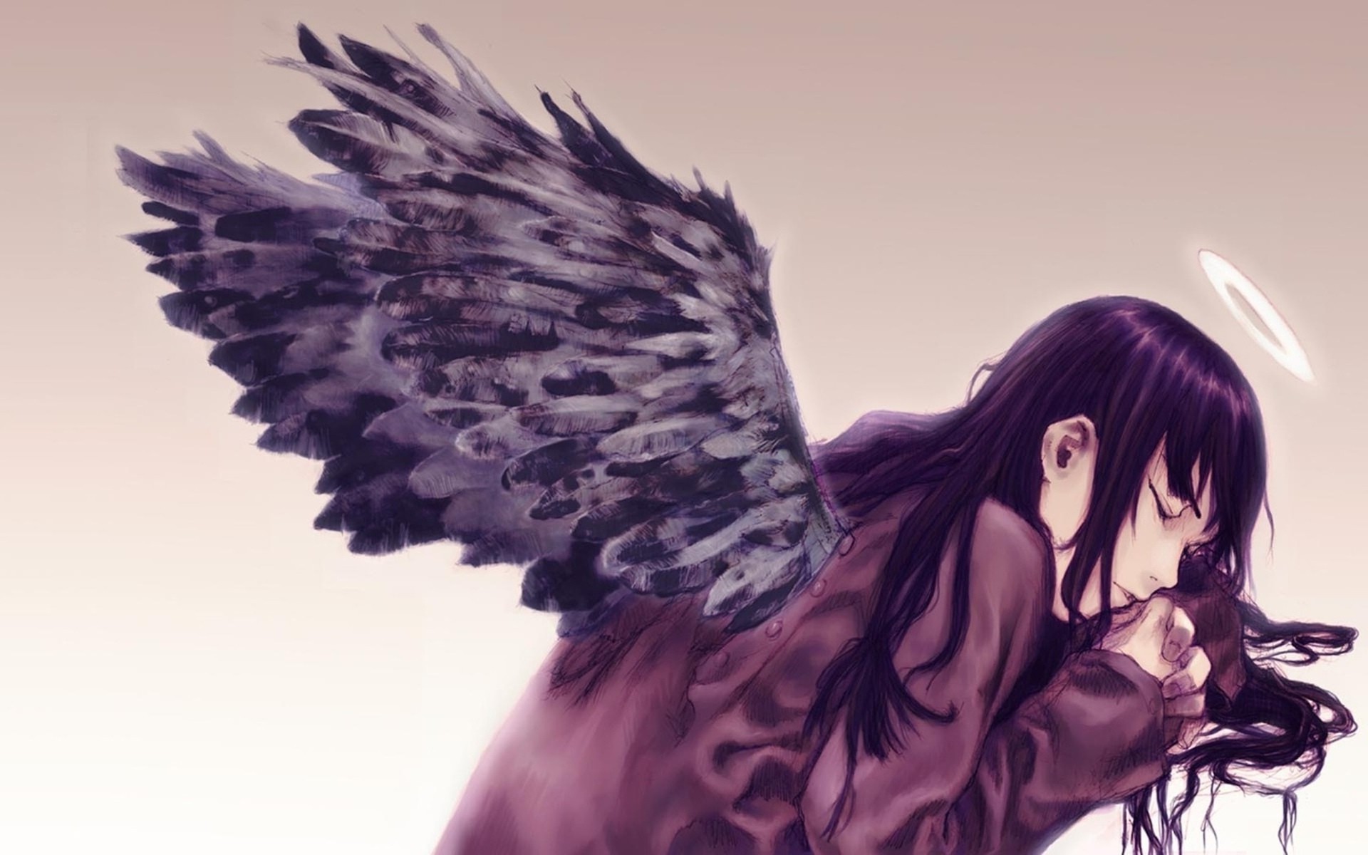 Haibane Renmei, Reki (Haibane Renmei), Wings, Halo, Black, Anime, Anime Girls Wallpaper HD / Desktop and Mobile Background