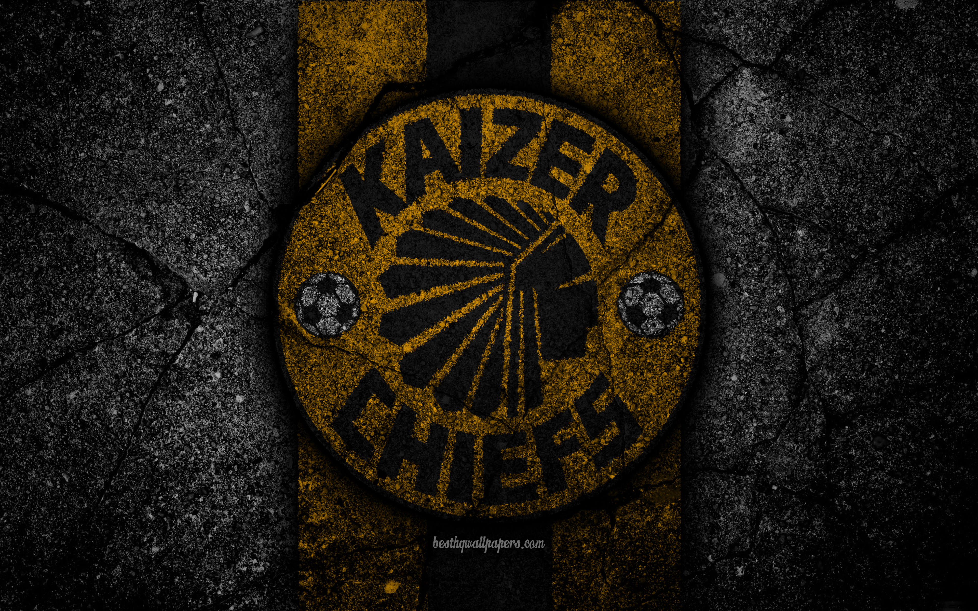 Download wallpaper Kaizer Chiefs FC, 4k, emblem, South African Premier League, soccer, logo, South Africa, grunge, Kaizer Chiefs, black stone, asphalt texture, football, FC Kaizer Chiefs for desktop with resolution 3840x2400. High