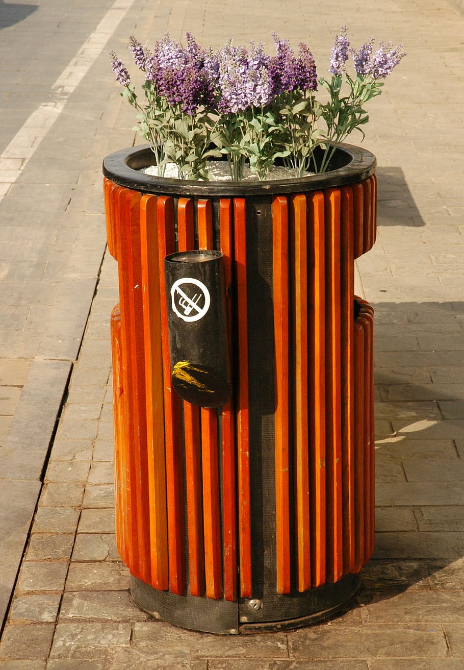 Trash, Cans, Dustbin, Garbage Can, Waste, Nice, Flowers, Trash Can