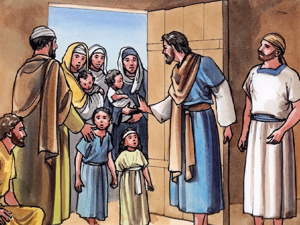 FreeBibleimage - Jesus Welcomes Little Children - Jesus Reprimands His Disciples For Preventing Children Coming To Him For Blessing (Luke 18:15 17)